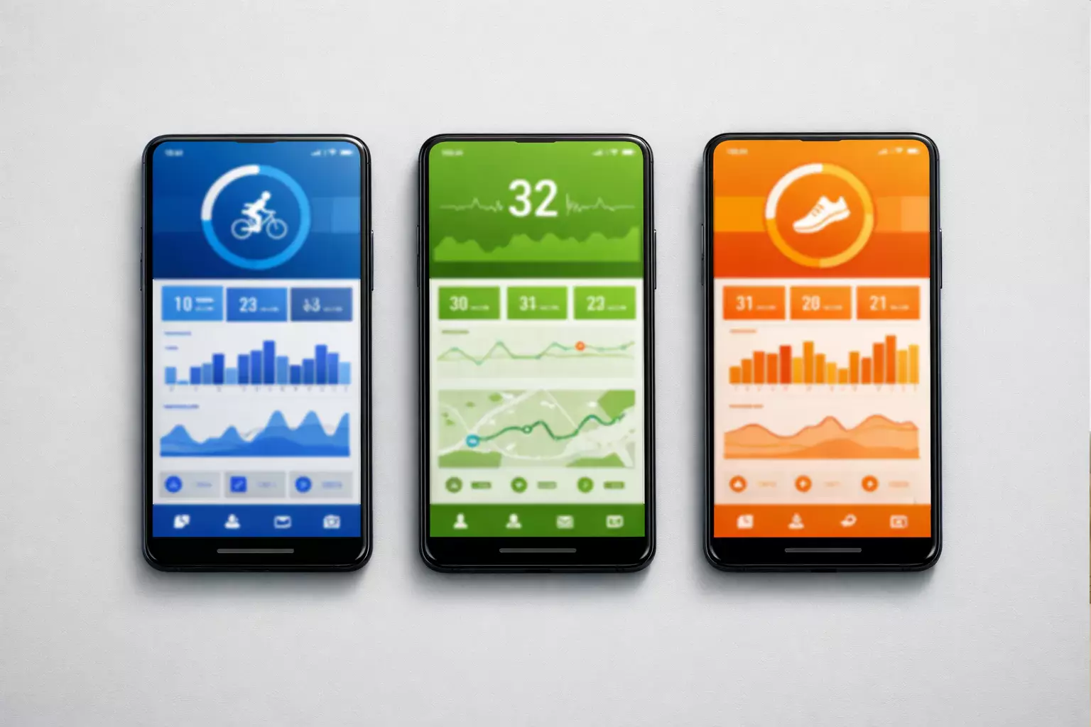 Mehrere Smartphone-Bildschirme zeigen verschiedene Wett-Apps