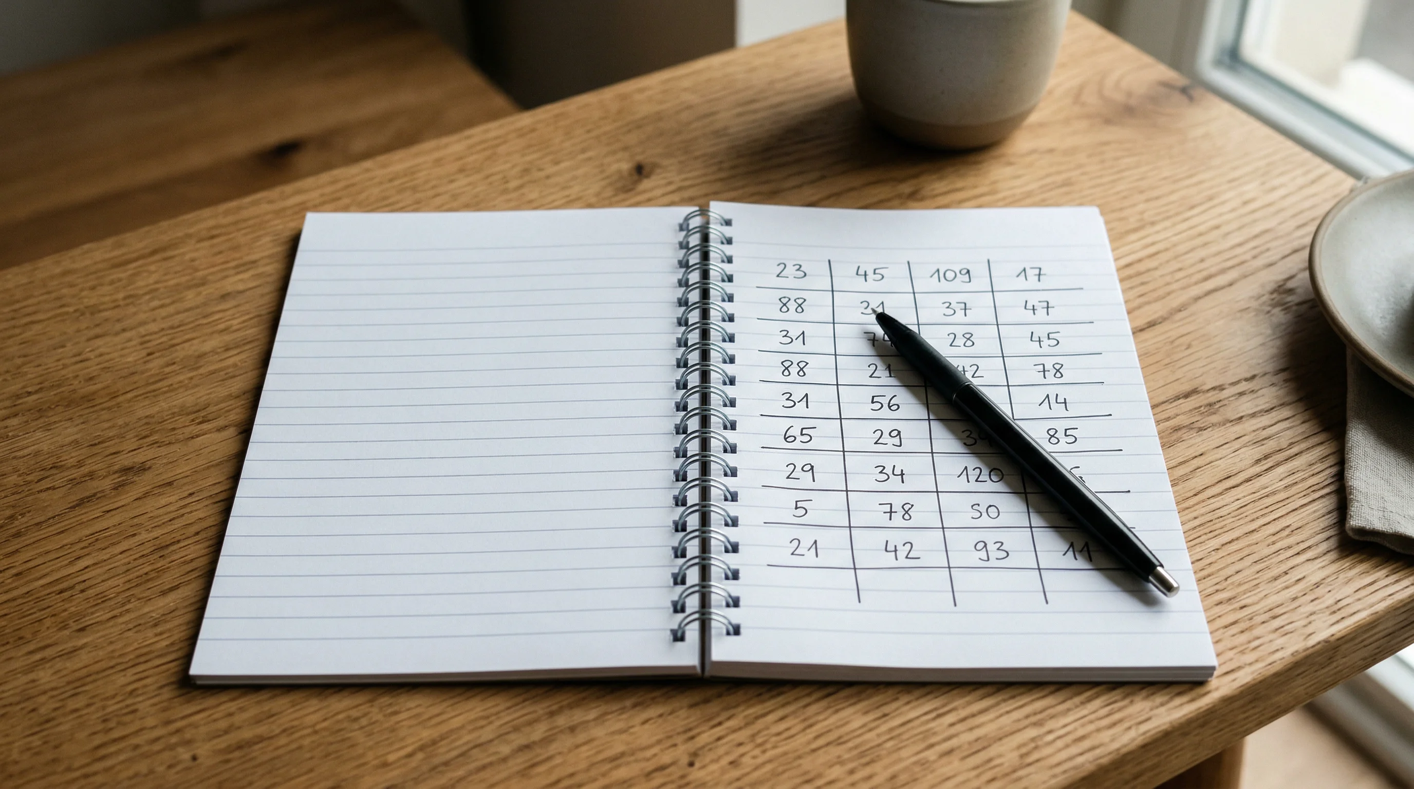 Notizbuch mit handgeschriebener Tabelle und Stift auf einem ordentlichen Schreibtisch
