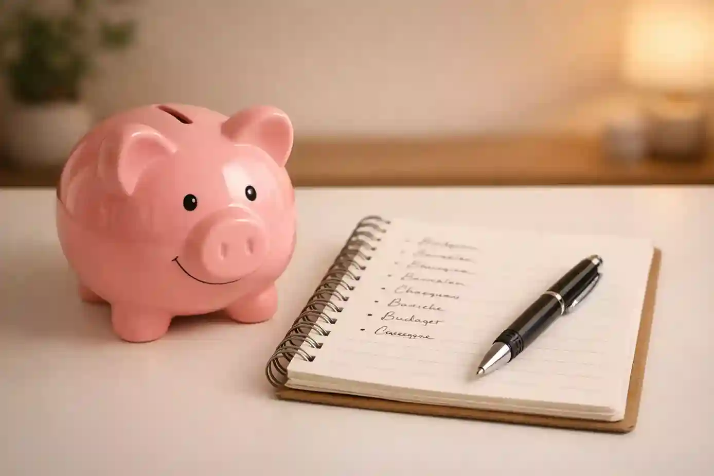 Sparschwein neben Notizbuch mit Budgetplanung