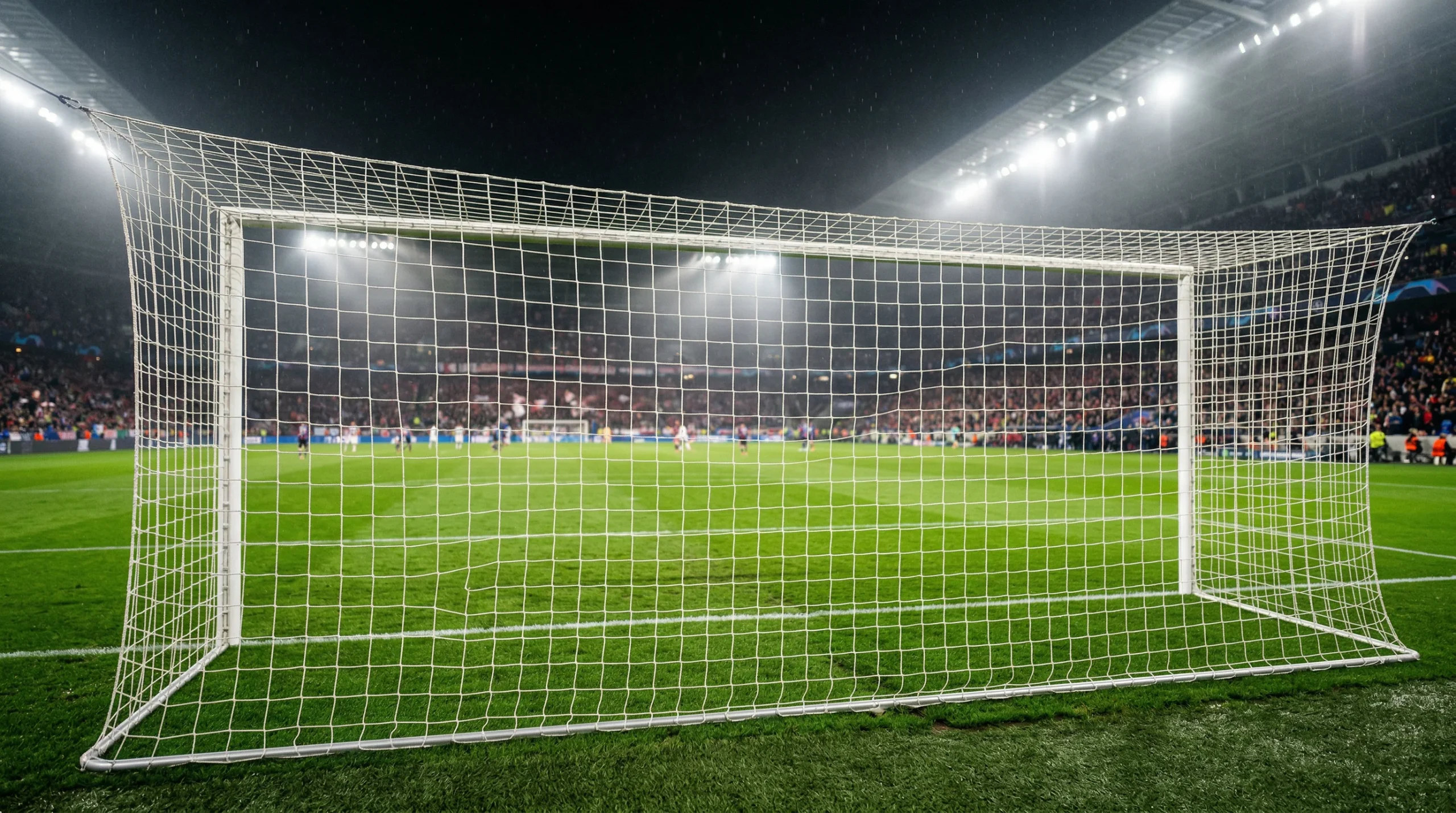 Fußballstadion bei Flutlicht mit Blick auf den Rasen vor einem Bundesliga-Spiel