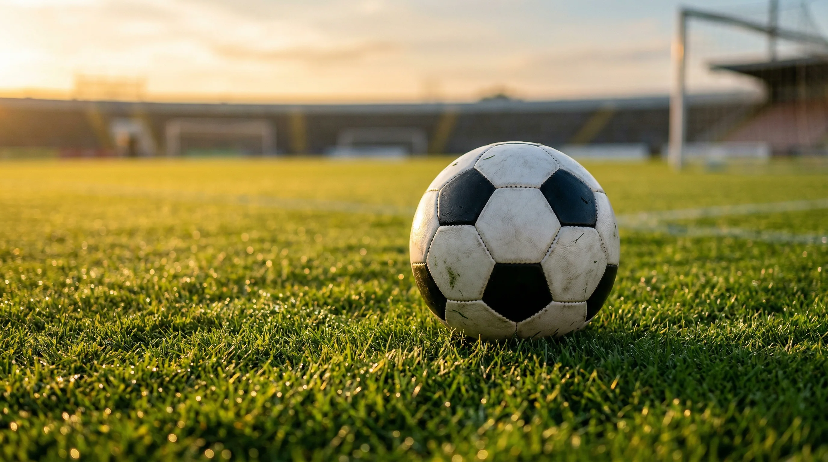 Nahaufnahme eines Fußballs auf gepflegtem Rasen im Abendlicht vor Spielbeginn