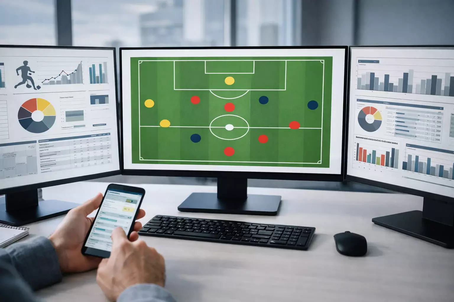 Sportjournalist analysiert Spielstatistiken auf mehreren Monitoren