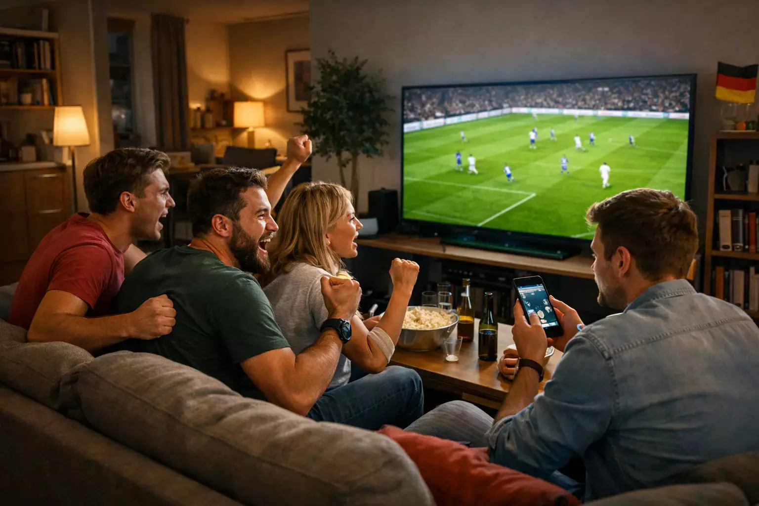 Fans verfolgen Bundesliga-Spiel im Wohnzimmer auf gro&szlig;em Fernseher