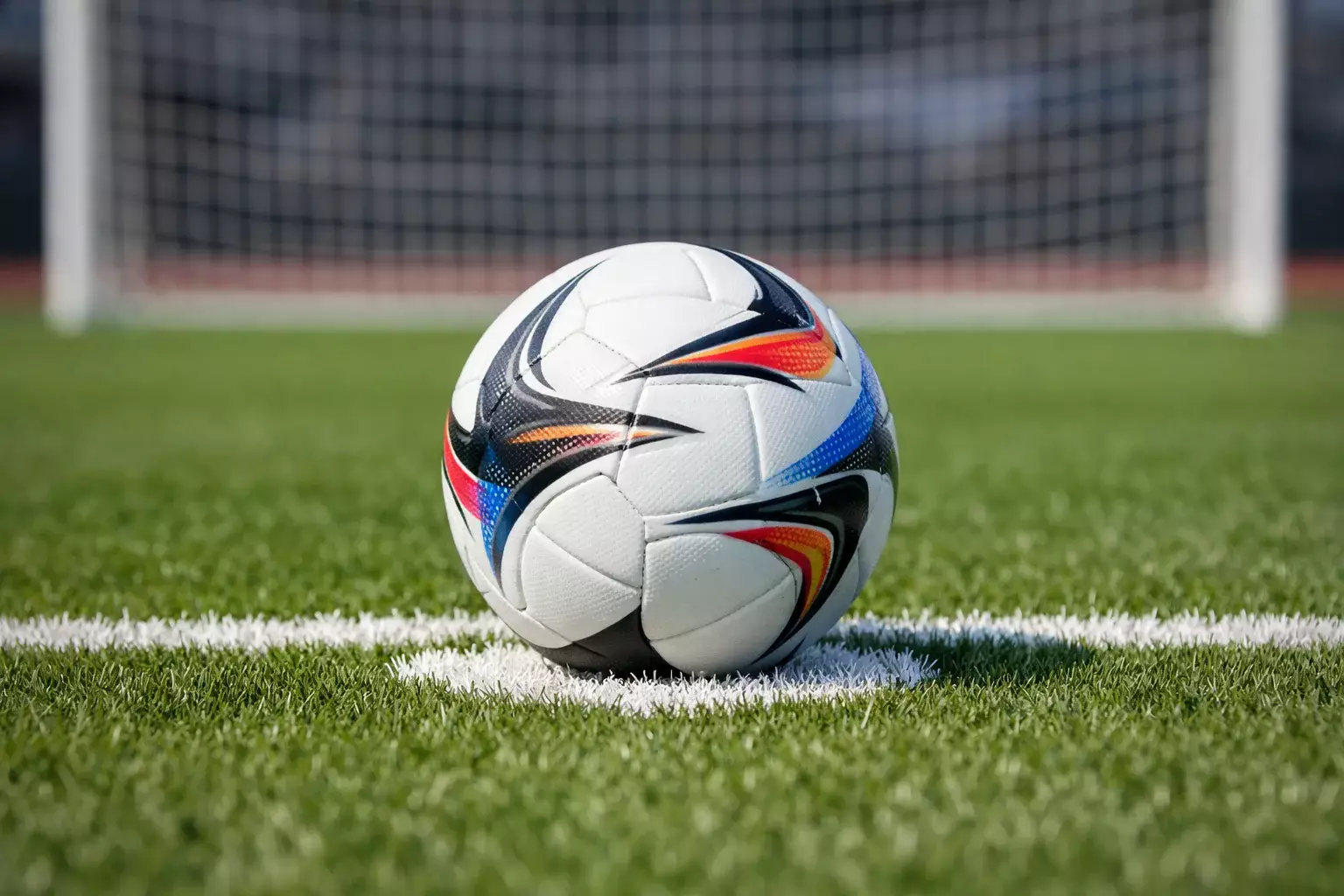 Fu&szlig;ball auf Rasen mit Linienmarkierung im Stadion