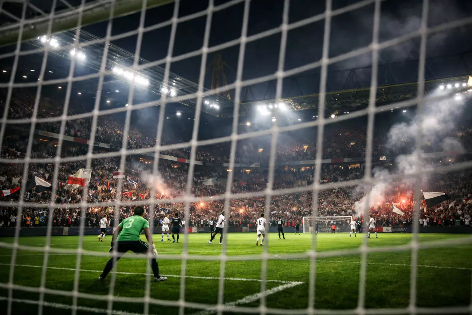 Volles Fußballstadion mit Bundesliga-Atmosphäre bei Flutlicht