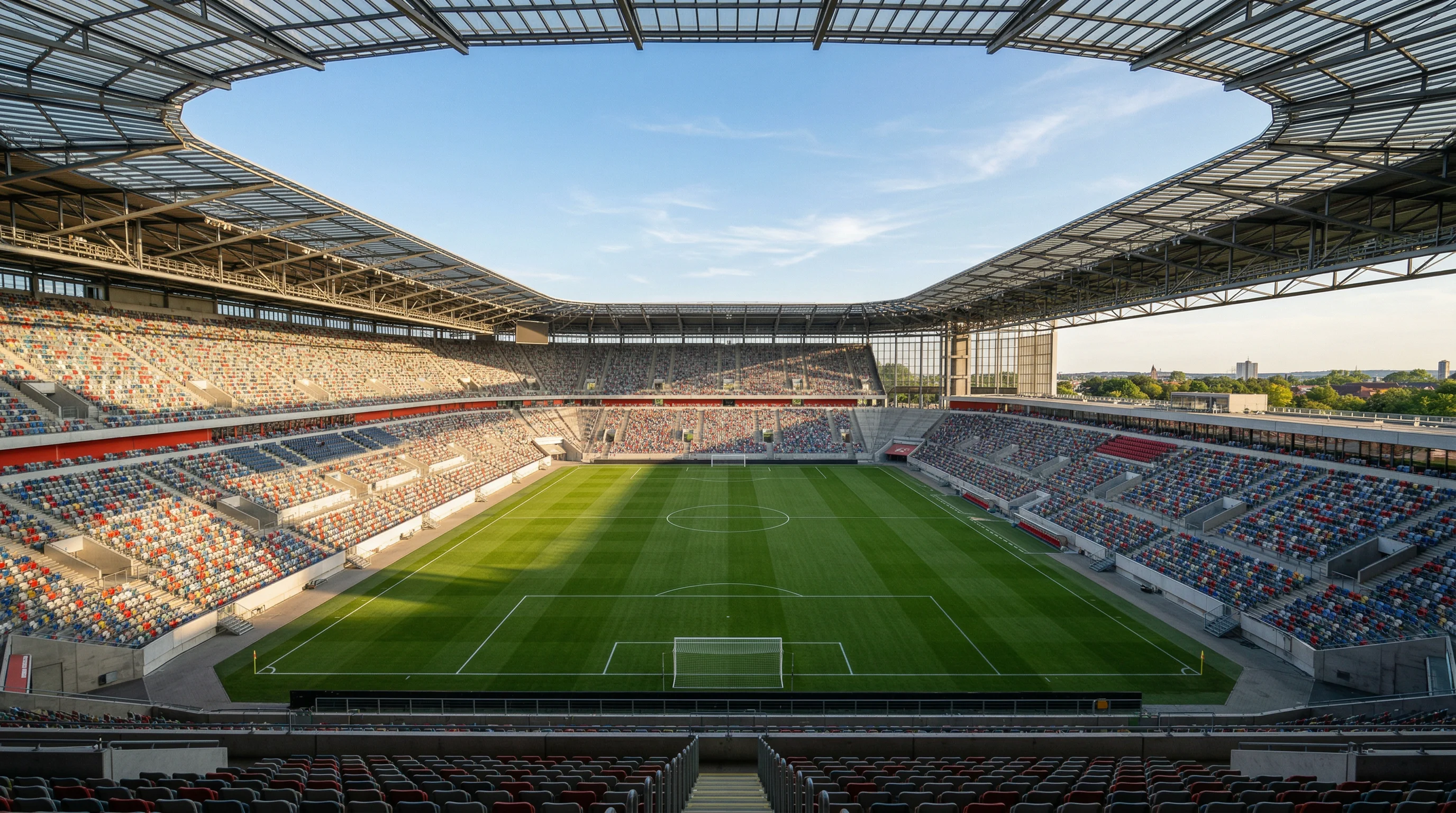 Leeres Bundesliga-Stadion mit gepflegtem Rasen und weißen Linien im Nachmittagslicht