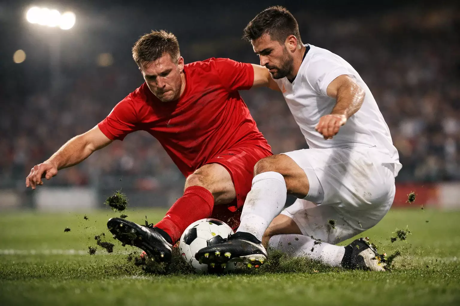 Fu&szlig;ballspieler im Zweikampf w&auml;hrend eines Bundesliga-Spiels