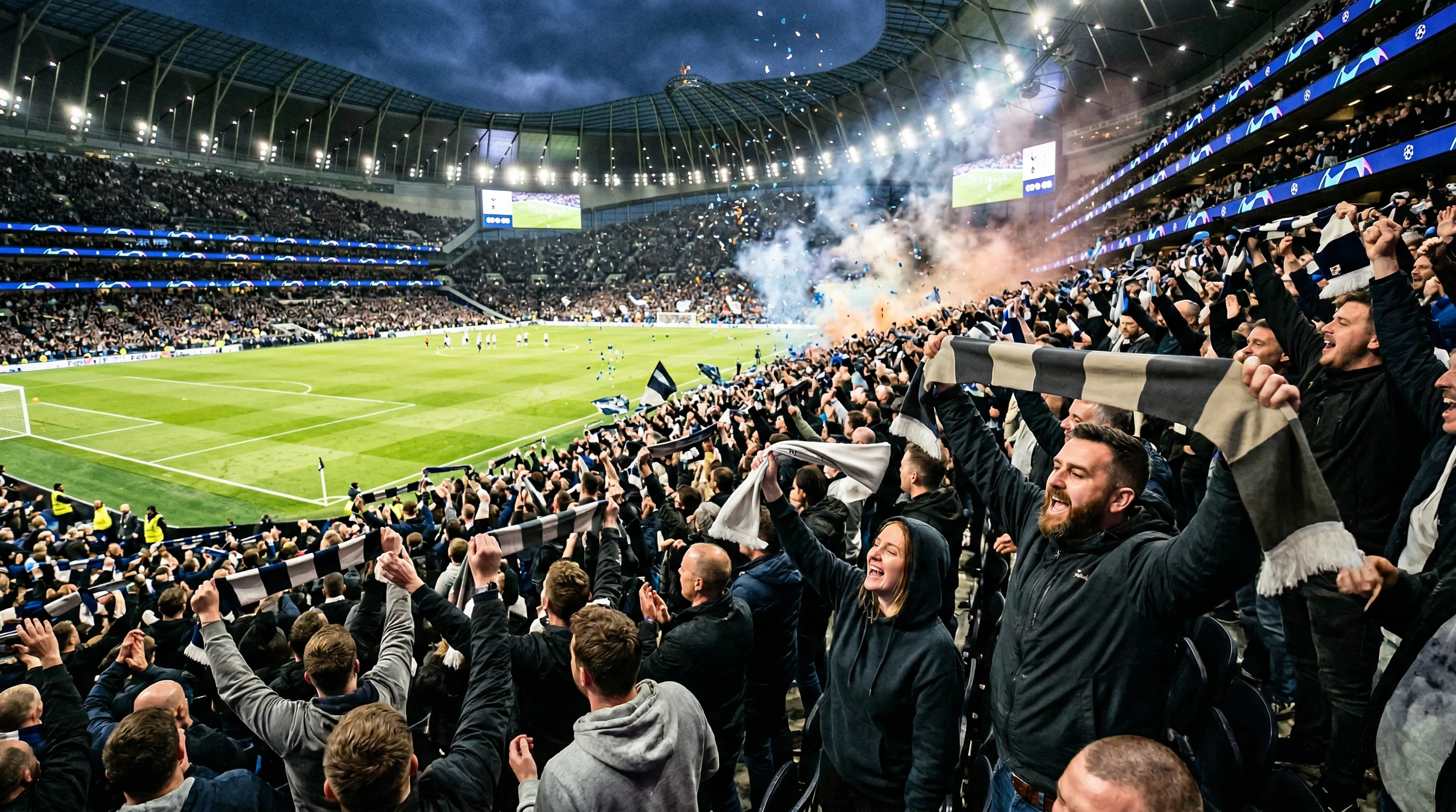 Fußballfans auf der Tribüne eines Stadions feiern ein Tor bei einem Abendspiel