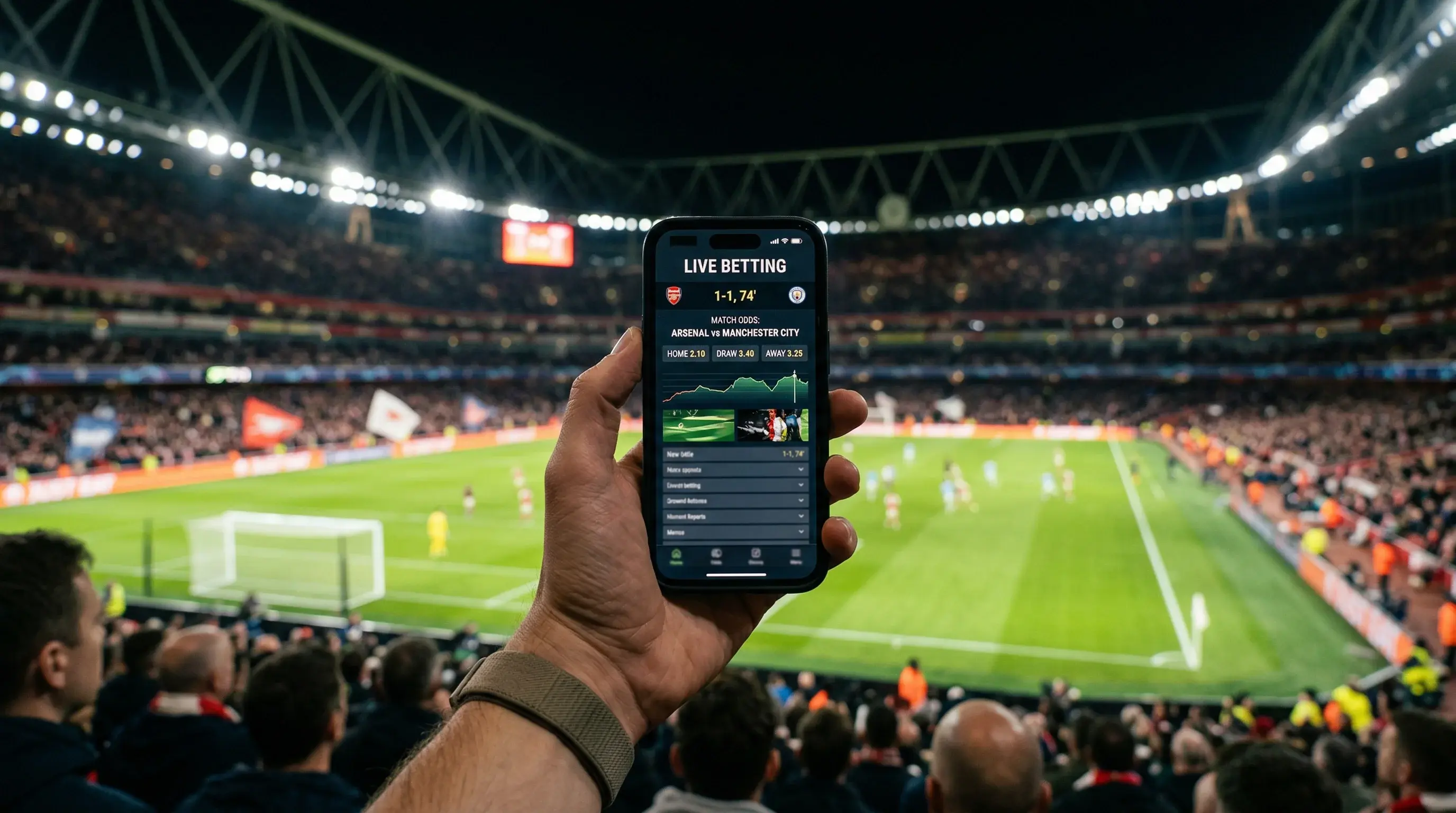 Hand eines Zuschauers hält ein Smartphone im Fußballstadion mit Spielfeld im Hintergrund