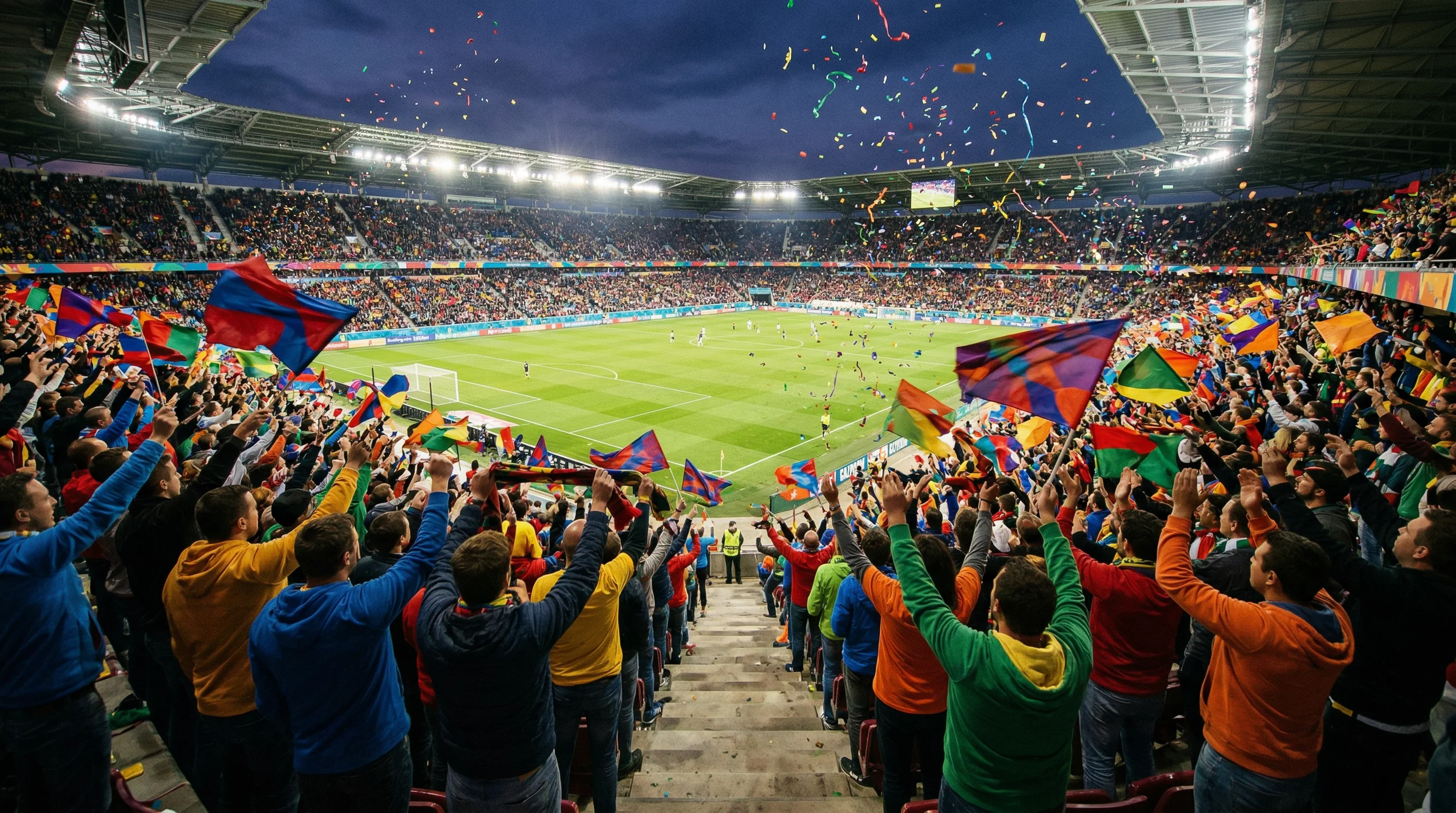 Jubelnde Fußballfans mit Fahnen und Schals auf der Tribüne eines großen Turnierstadions