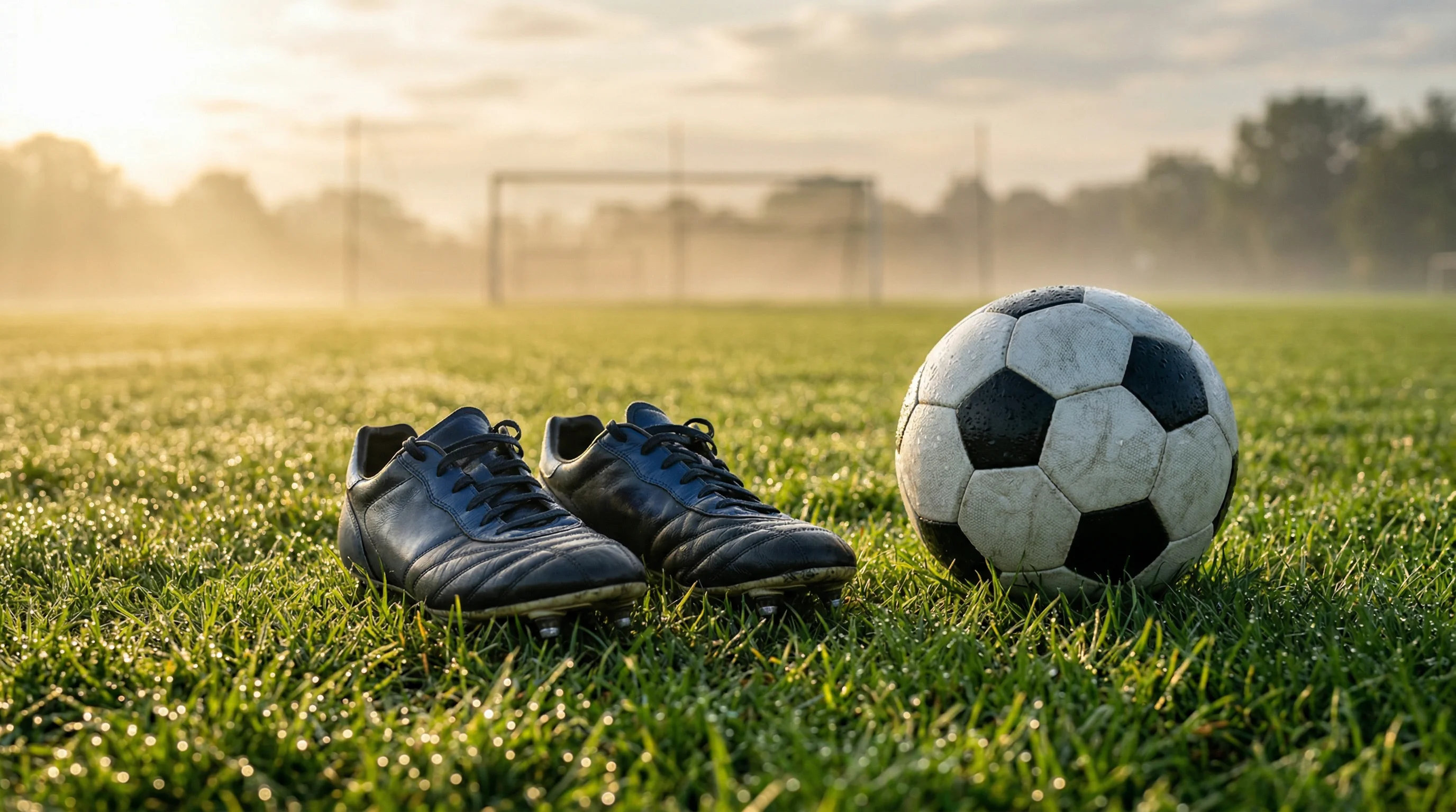 Fußballschuhe und ein Ball auf dem Rasen eines Trainingsplatzes im Morgenlicht