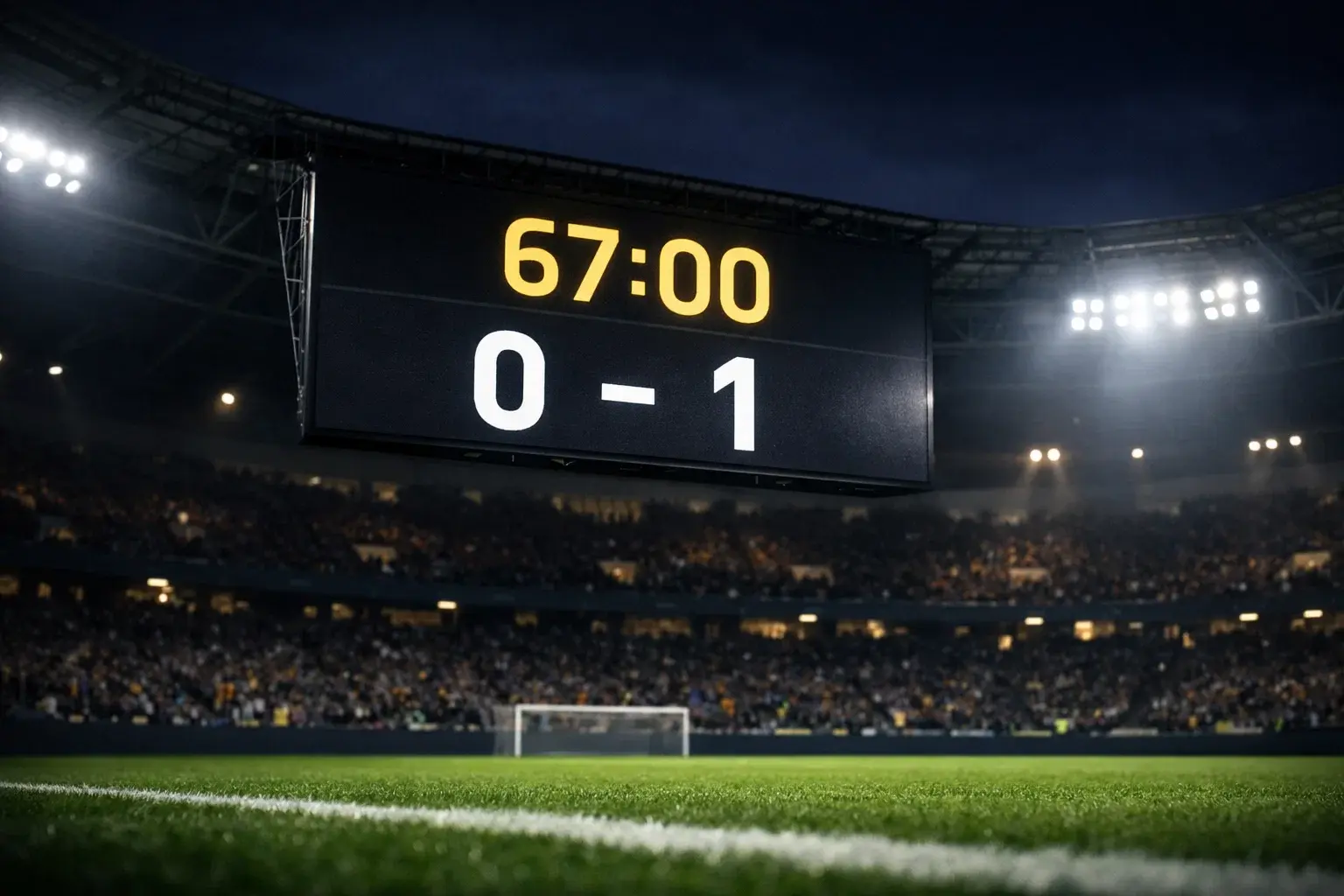 Nahaufnahme einer Anzeigetafel im Fußballstadion bei einem laufenden Abendspiel