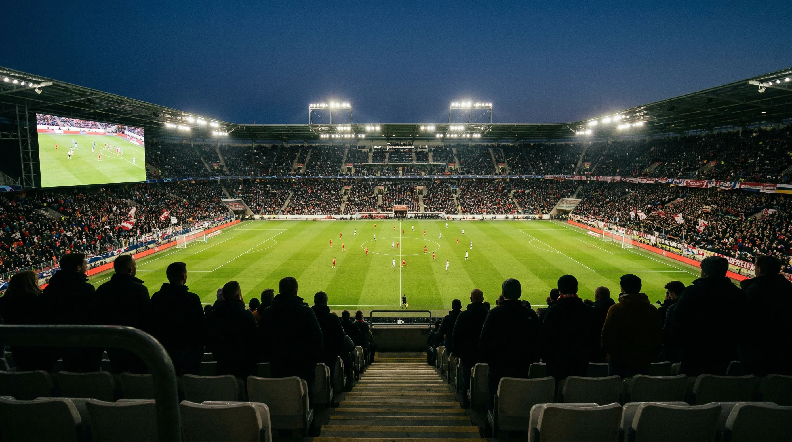 Zuschauer verfolgen ein Fußballspiel auf einer Großbildleinwand im Stadion bei Abendstimmung