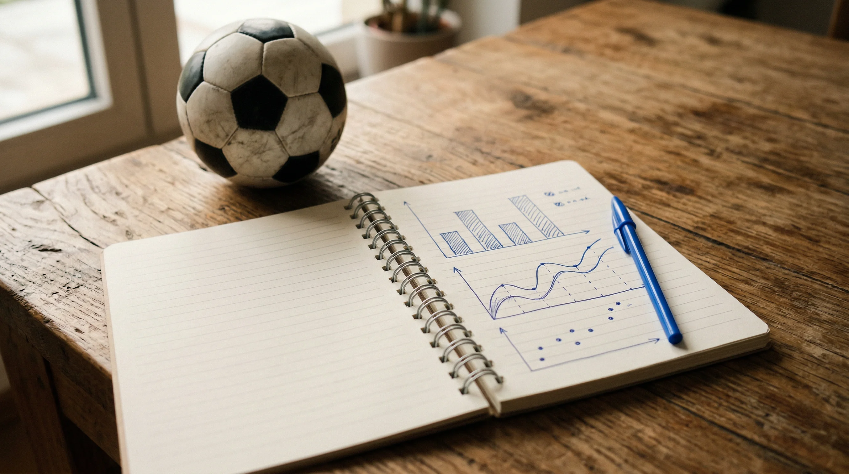 Aufgeschlagenes Notizbuch mit handgezeichneten Diagrammen neben einem Fußball auf einem Schreibtisch
