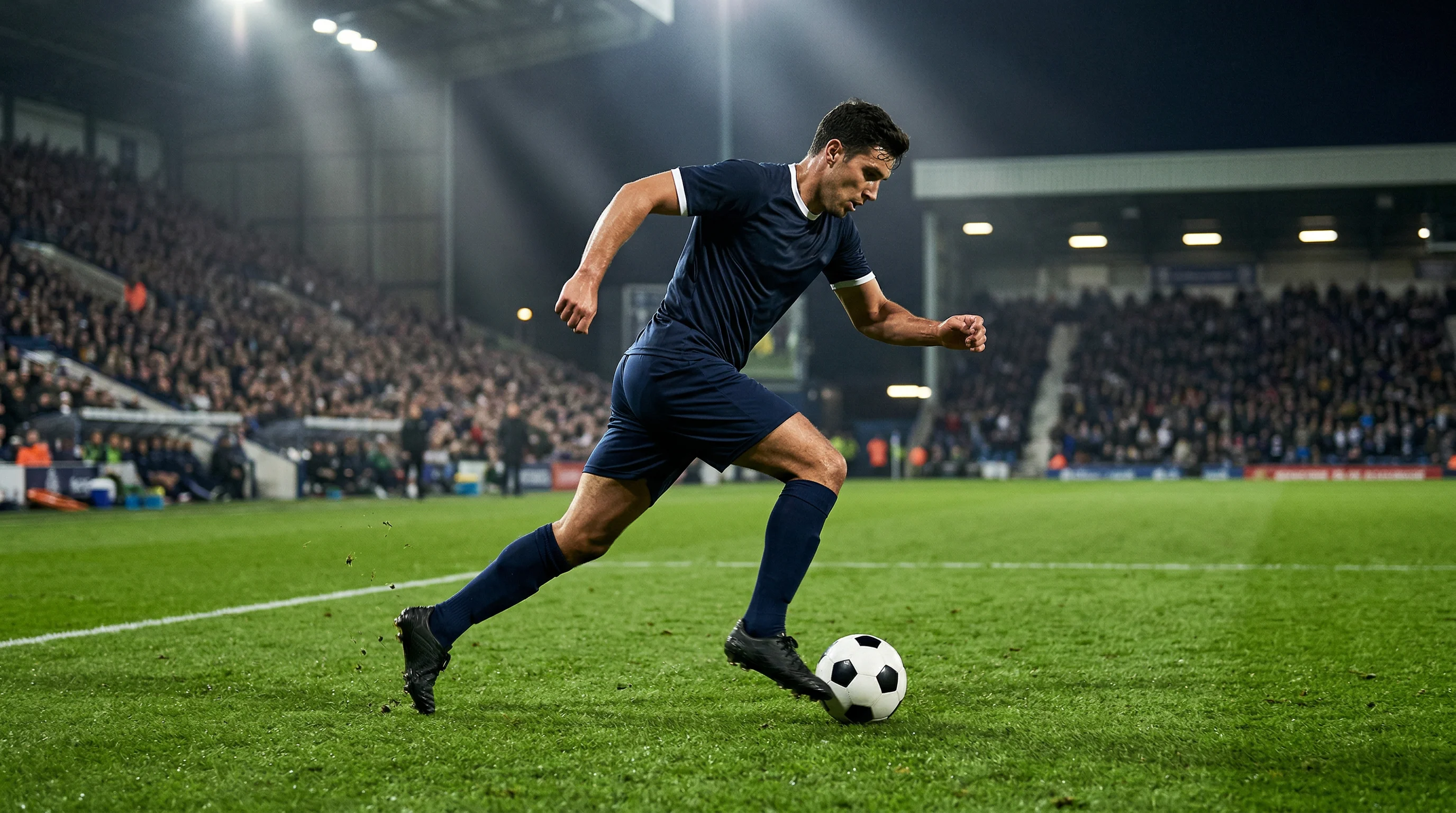 Fußballspieler in Aktion auf dem Rasen unter Flutlicht während eines Abendspiels