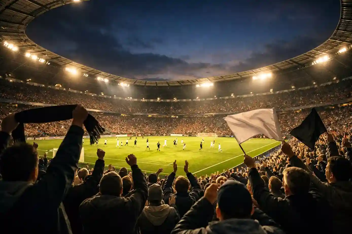 Fußballfans im Stadion verfolgen ein Bundesligaspiel bei Flutlicht