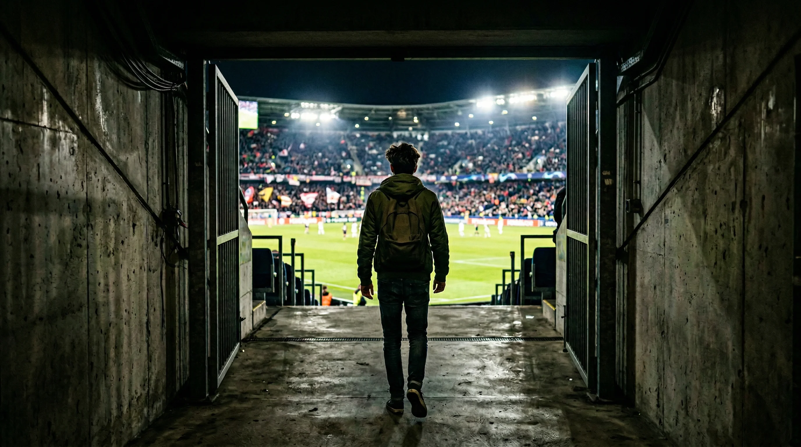 Junger Fan betritt ein Fußballstadion durch den Eingang mit Blick auf das grüne Spielfeld