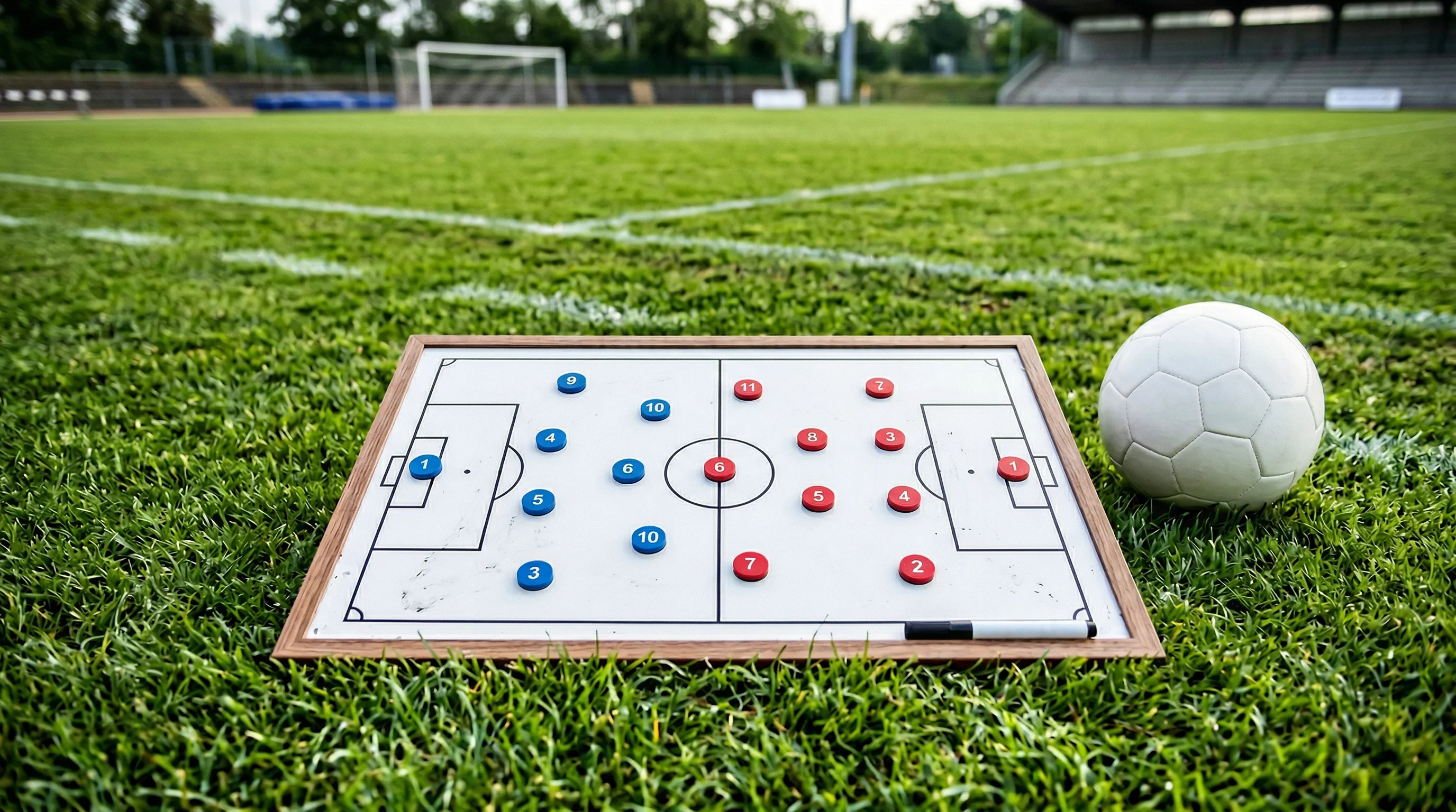 Taktiktafel mit Fußball-Aufstellung und Magneten auf dem Rasen neben einem Ball