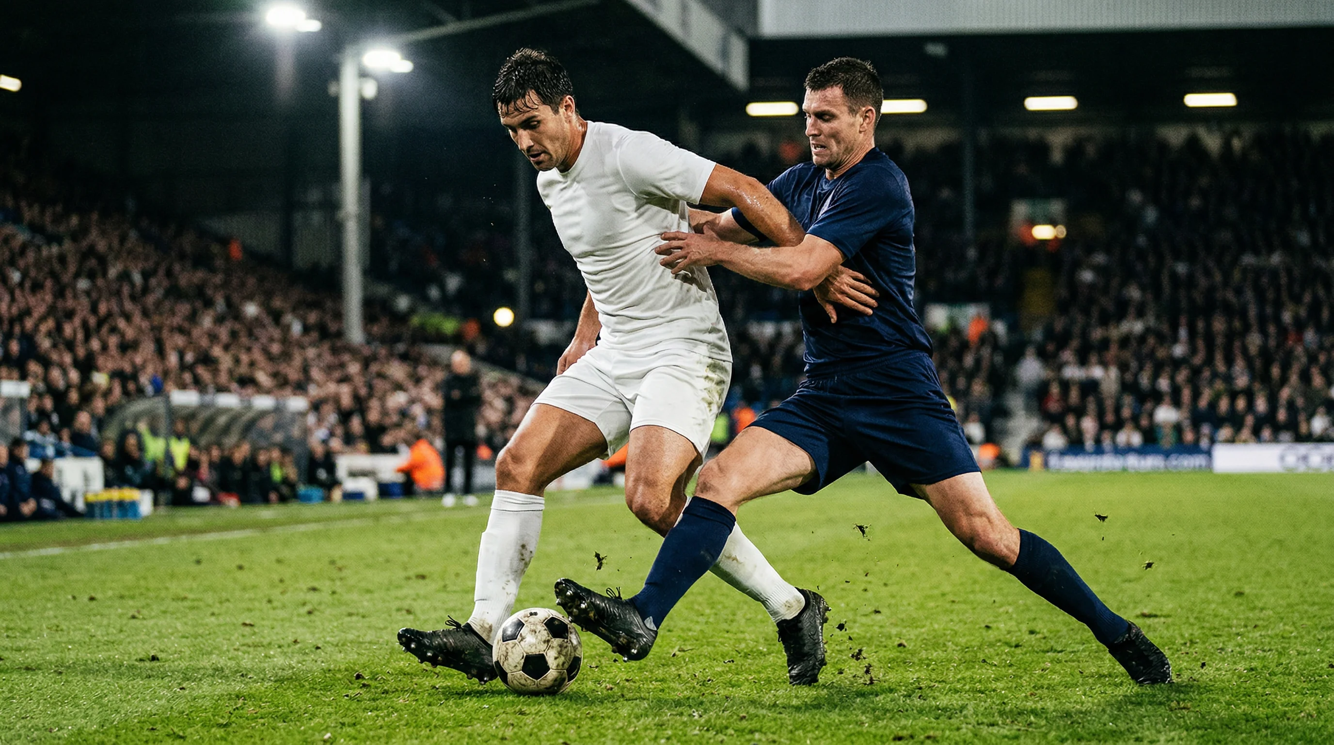 Zweikampf zweier Fußballspieler um den Ball auf dem Rasen bei Flutlicht