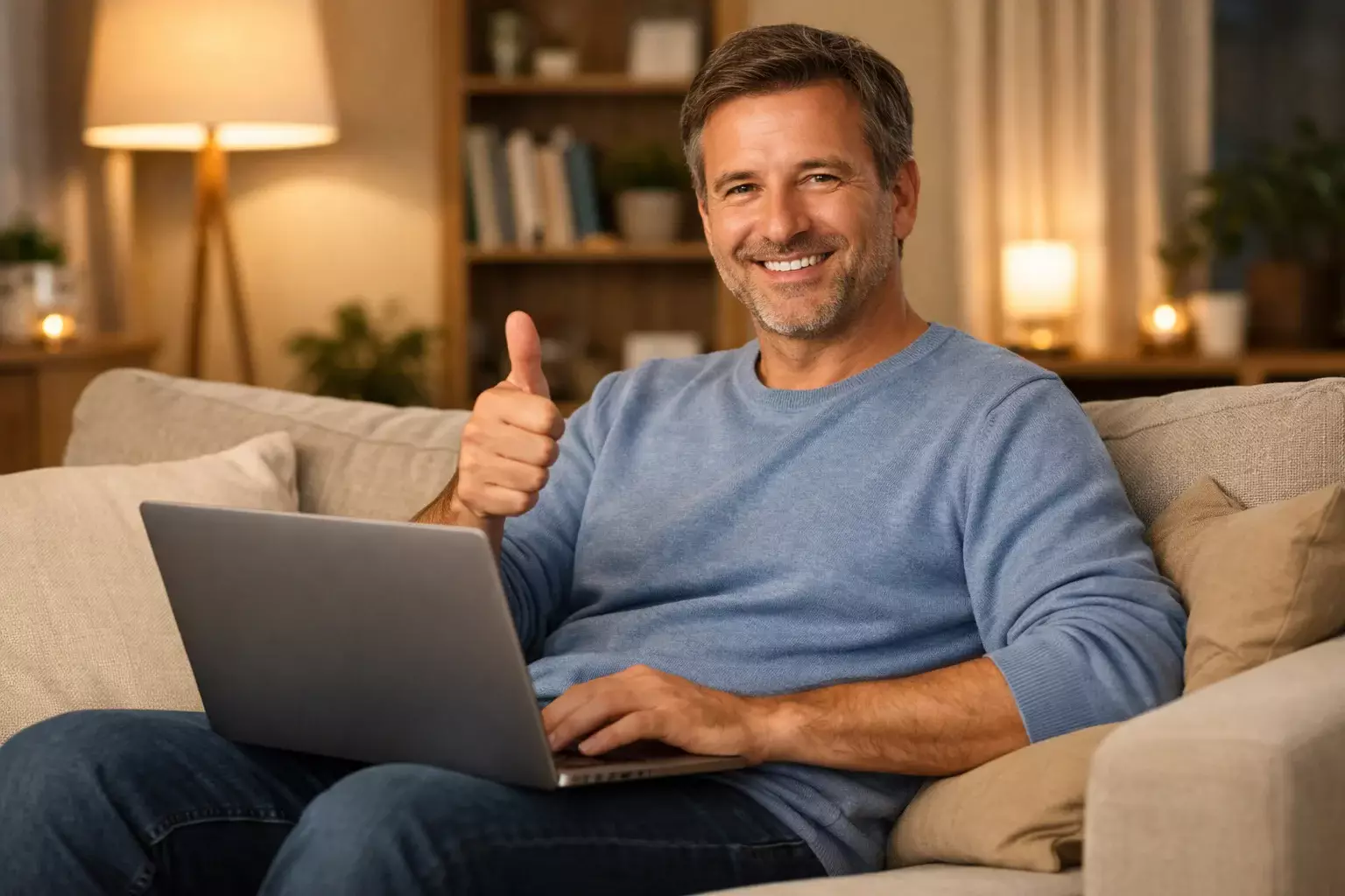 Zufriedener Kunde mit Laptop zeigt Daumen hoch