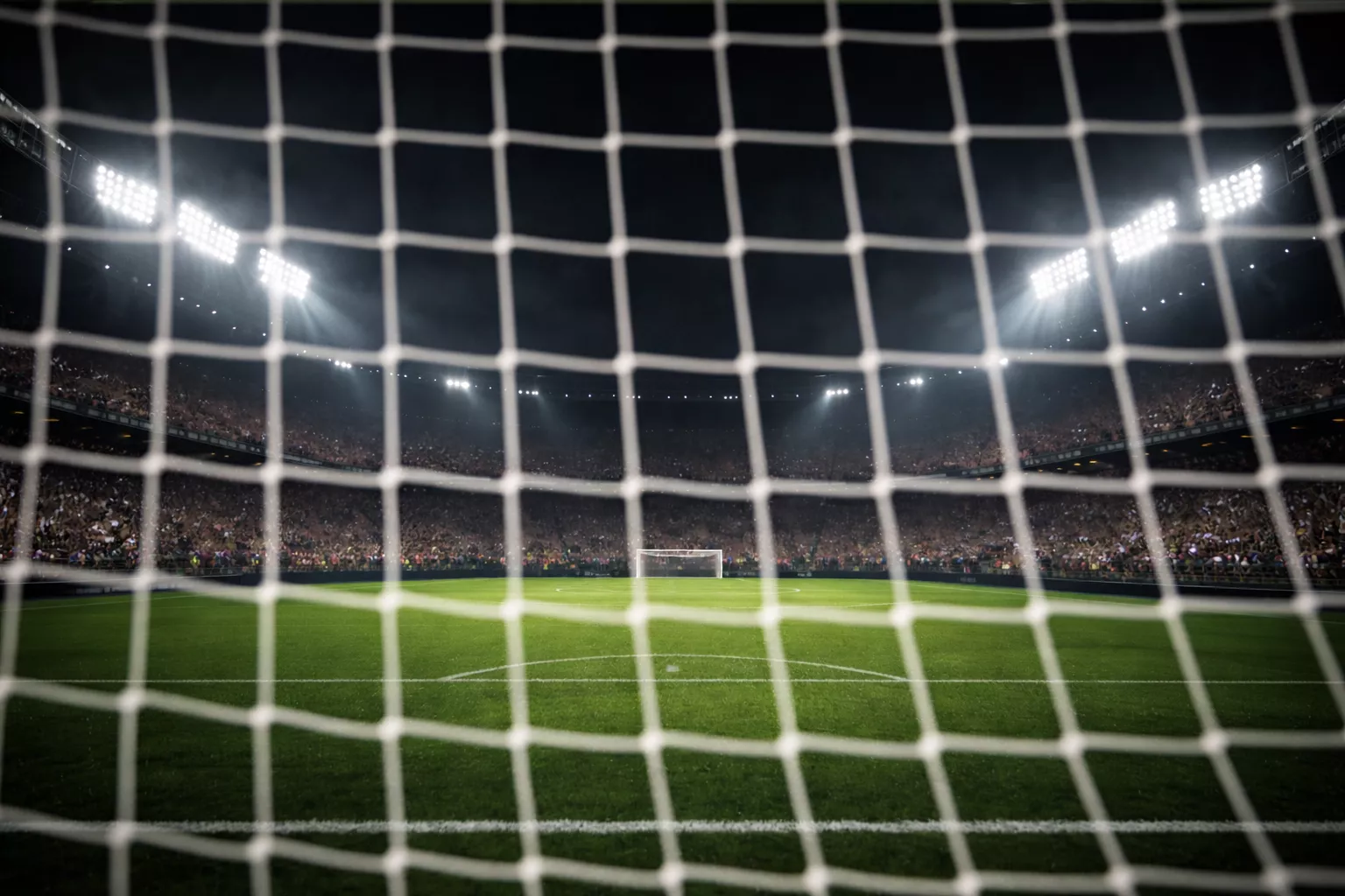 Fußballstadion bei Flutlicht mit Fans auf der Tribüne