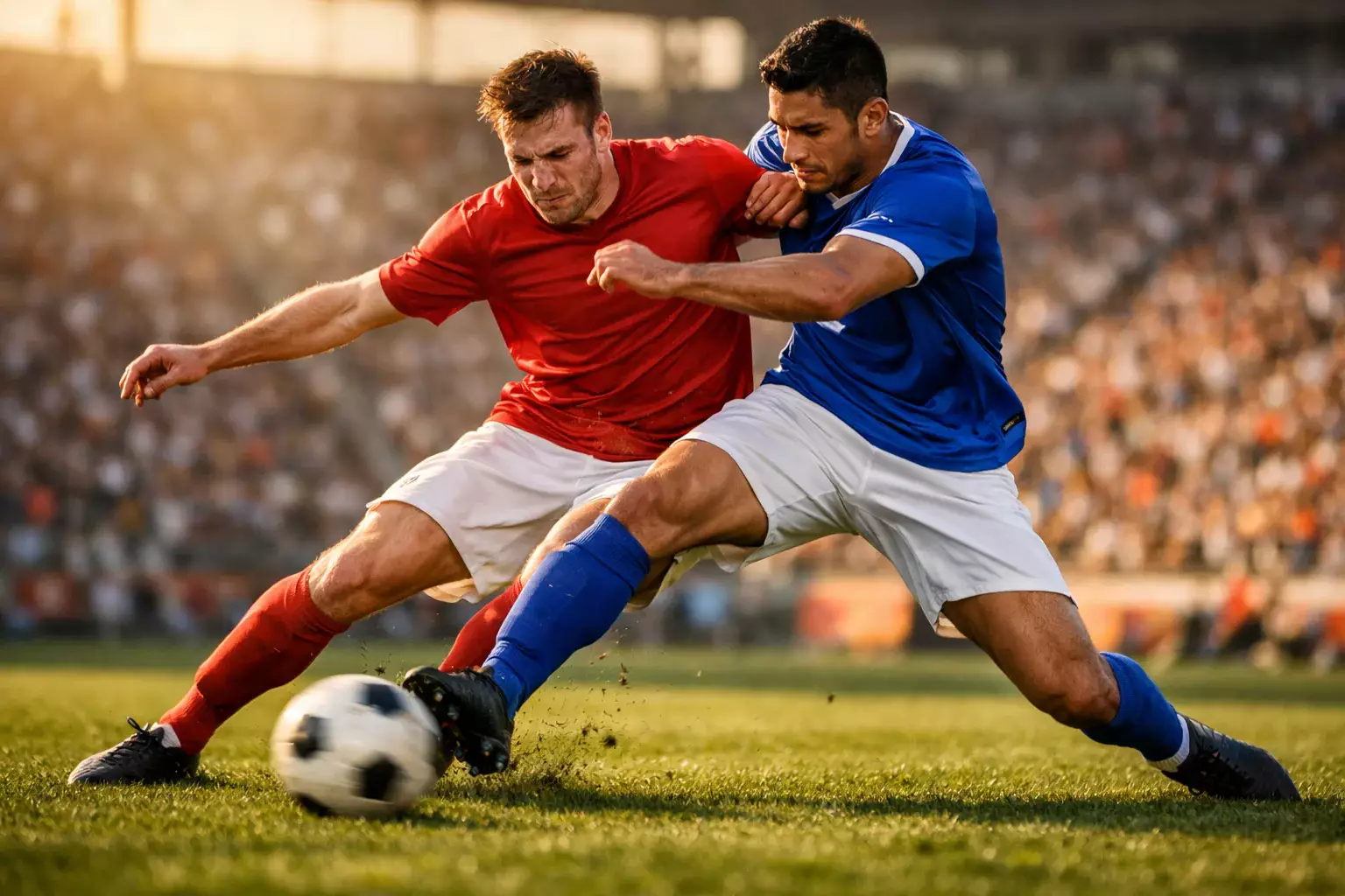 Fußballspieler im Zweikampf auf grünem Rasen im Stadion