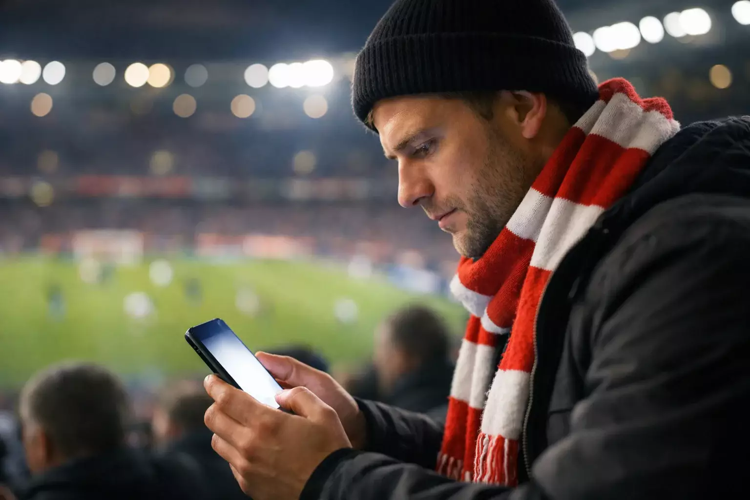Fan im Stadion schaut auf Smartphone während des Spiels