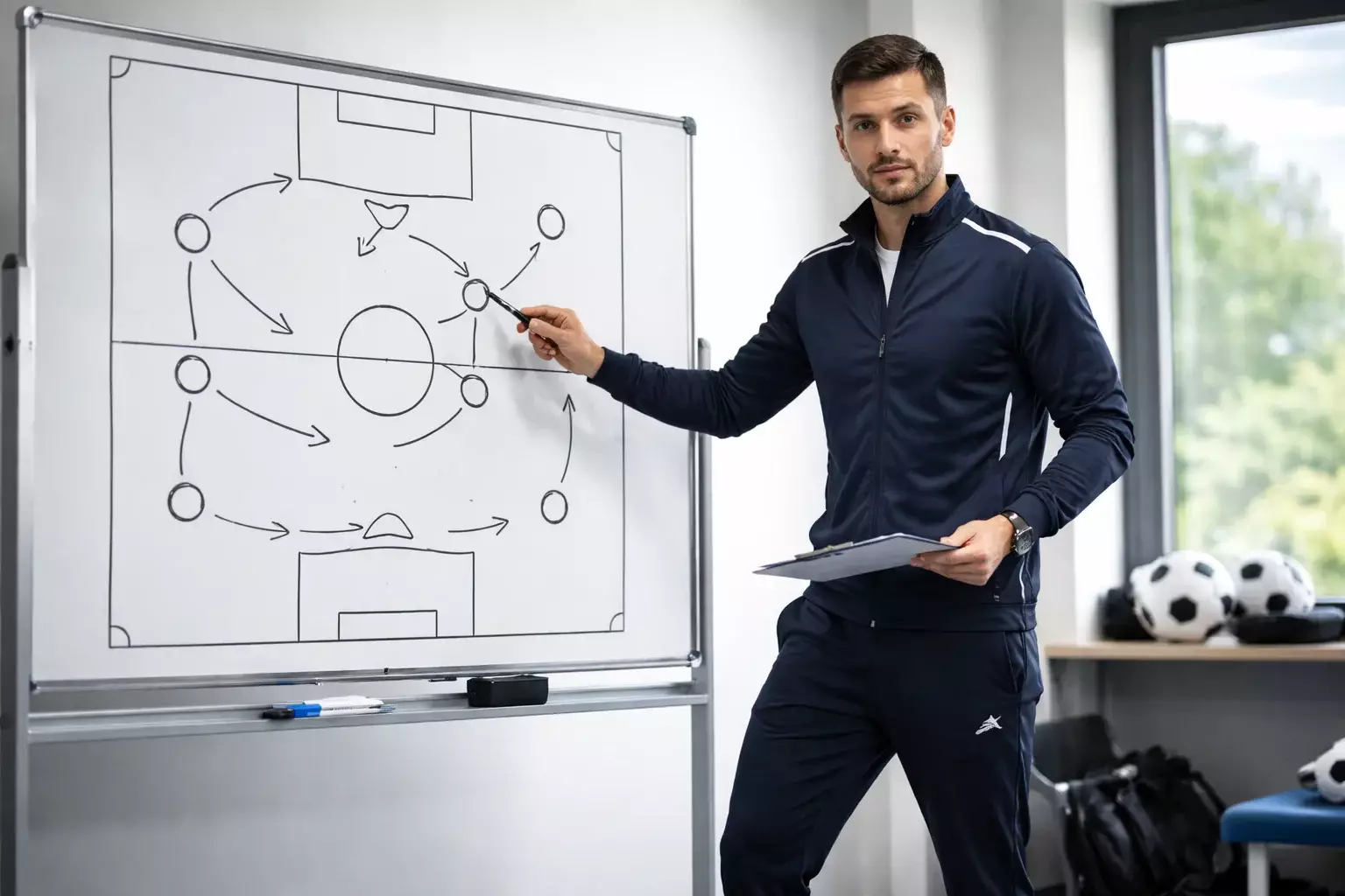 Trainer erklärt Taktik auf einem Whiteboard mit Spielzügen
