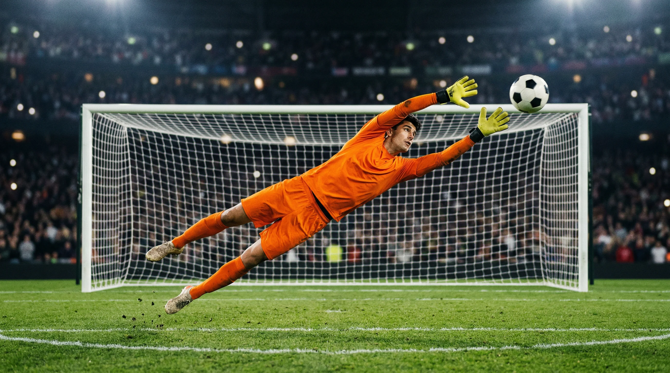 Torwart springt nach einem Fußball vor dem beleuchteten Tor bei einem Abendspiel