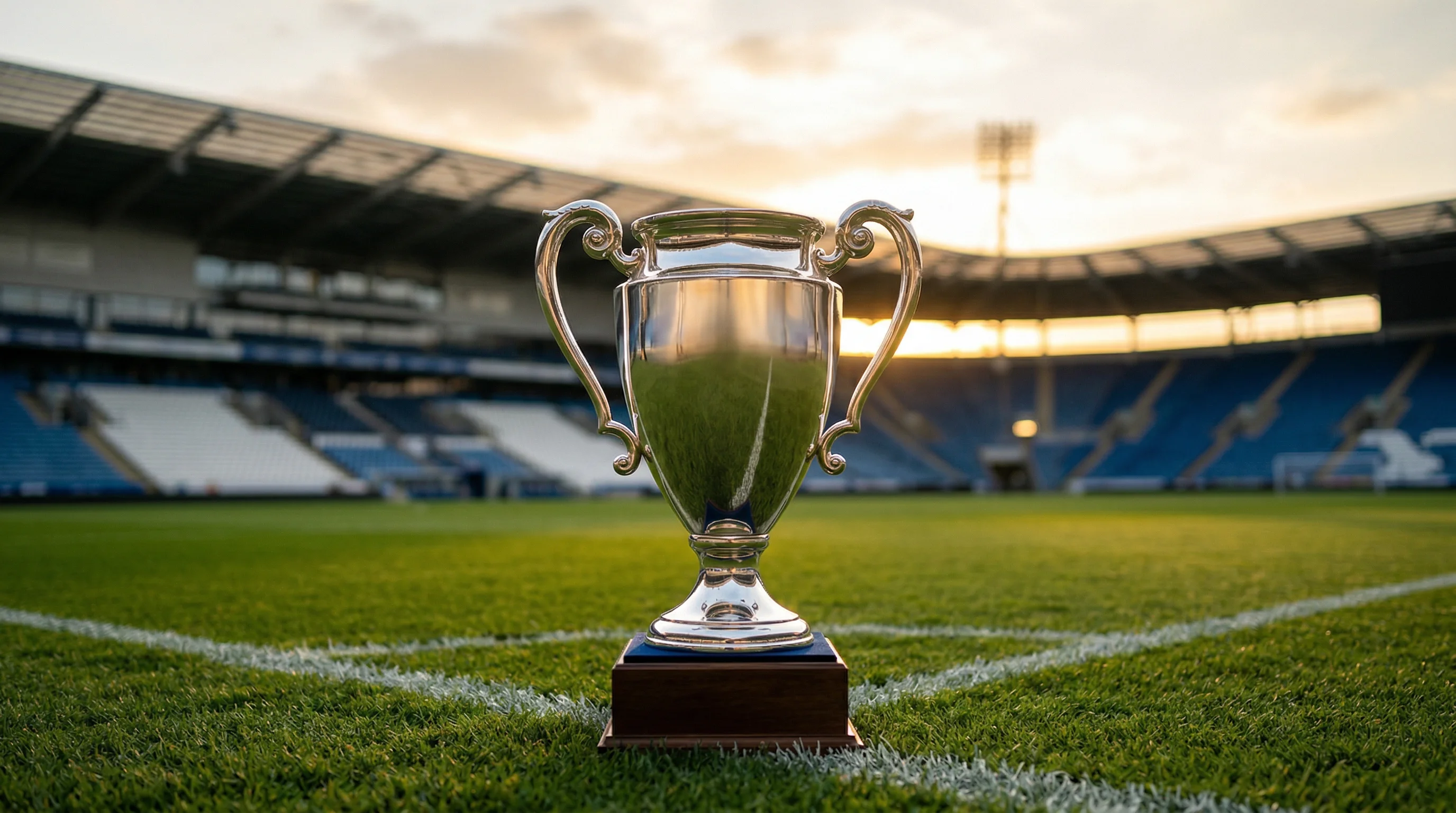 Pokal auf einem Podest am Spielfeldrand eines Fußballstadions bei Sonnenlicht