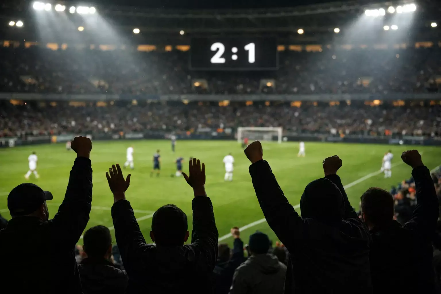 Fußballspiel im Stadion mit Anzeigetafel und jubelnden Fans