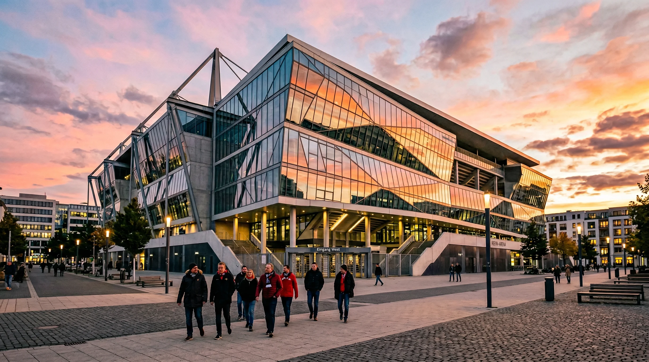 Blick auf ein Fußballstadion in Dortmund bei Sonnenuntergang mit leuchtend grünem Rasen