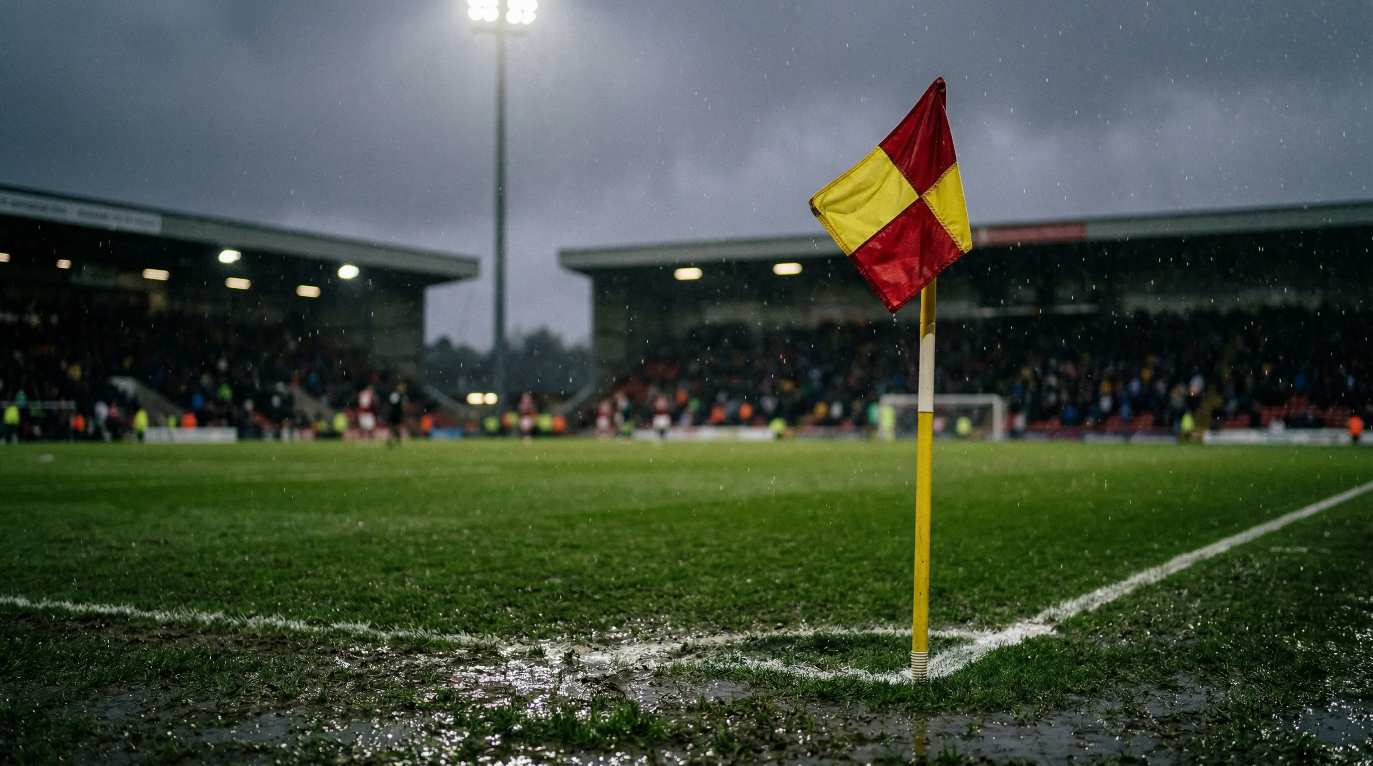 Regennasser Fußballrasen mit Eckfahne und Spielfeldmarkierung bei bewölktem englischem Himmel