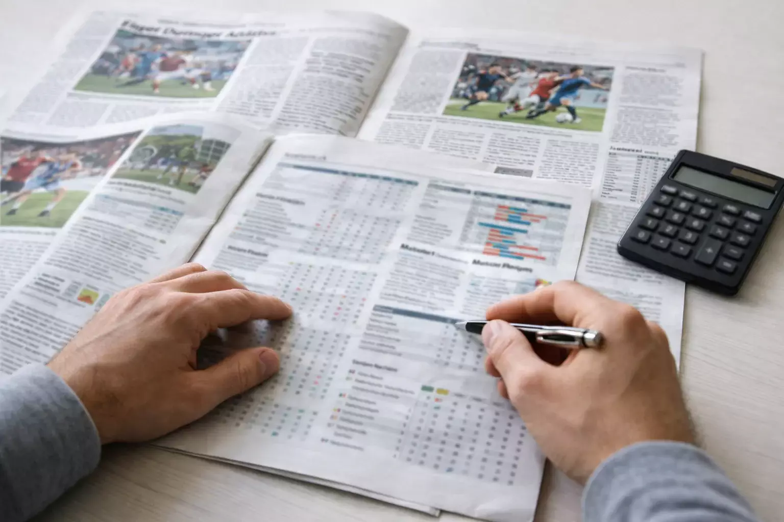 Taschenrechner neben Sportzeitungen mit Fußball-Tabellen