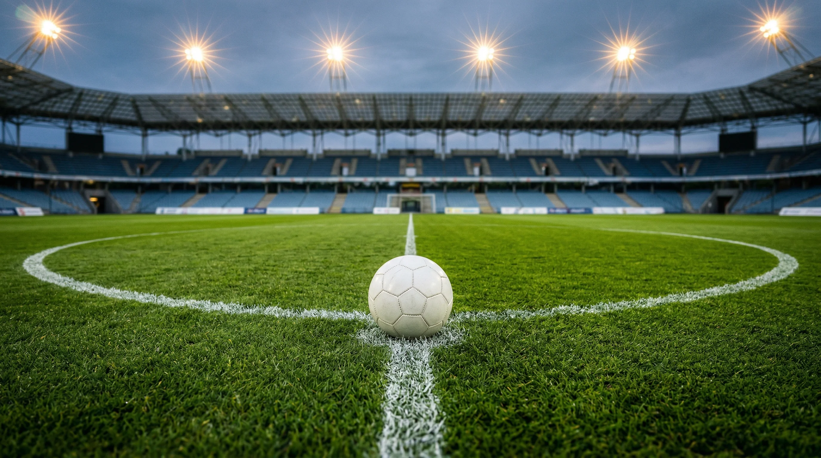 Fußball auf der Mittellinie eines Spielfelds bei Flutlicht mit Stadion im Hintergrund