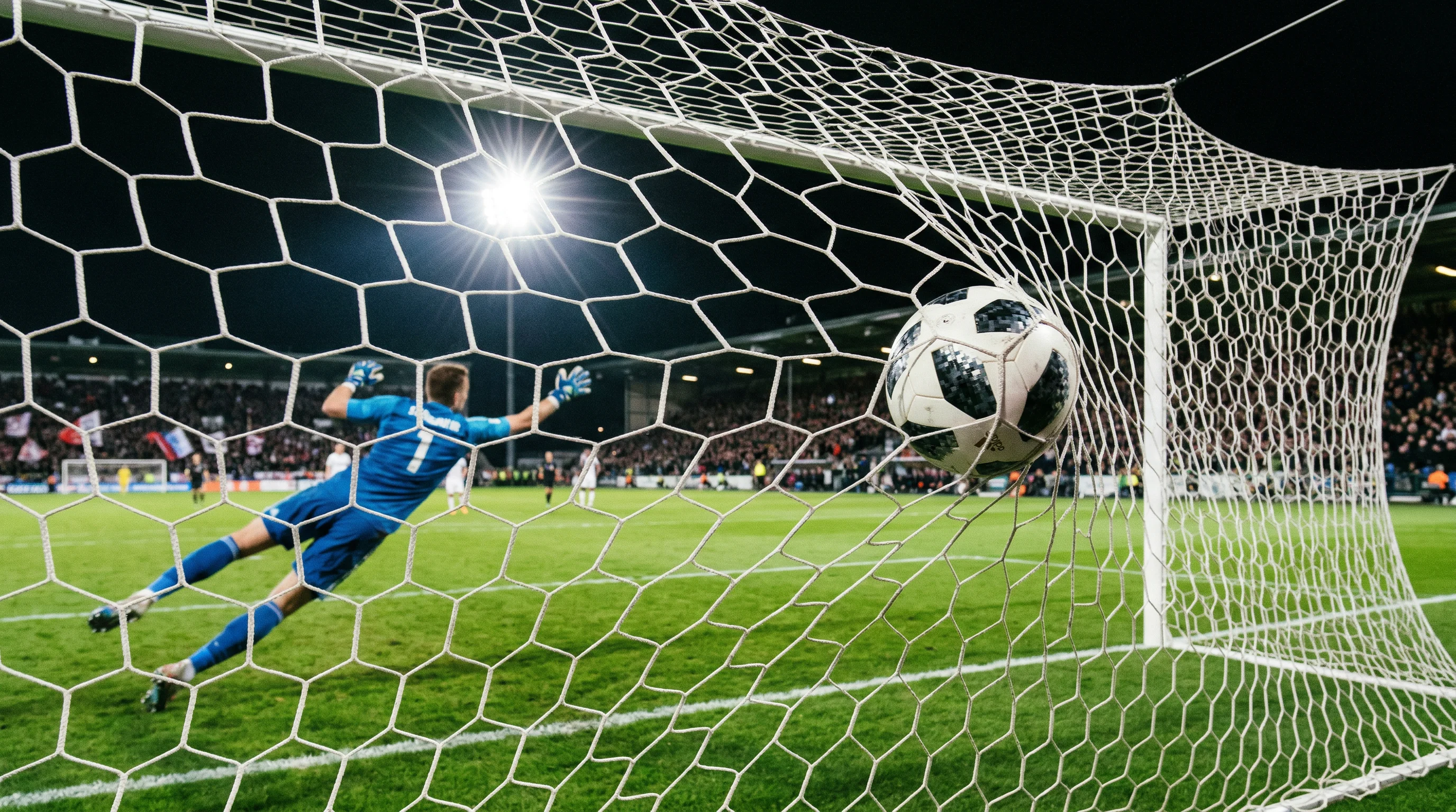 Fußball fliegt ins Tornetz bei einem Abendspiel unter Stadionbeleuchtung