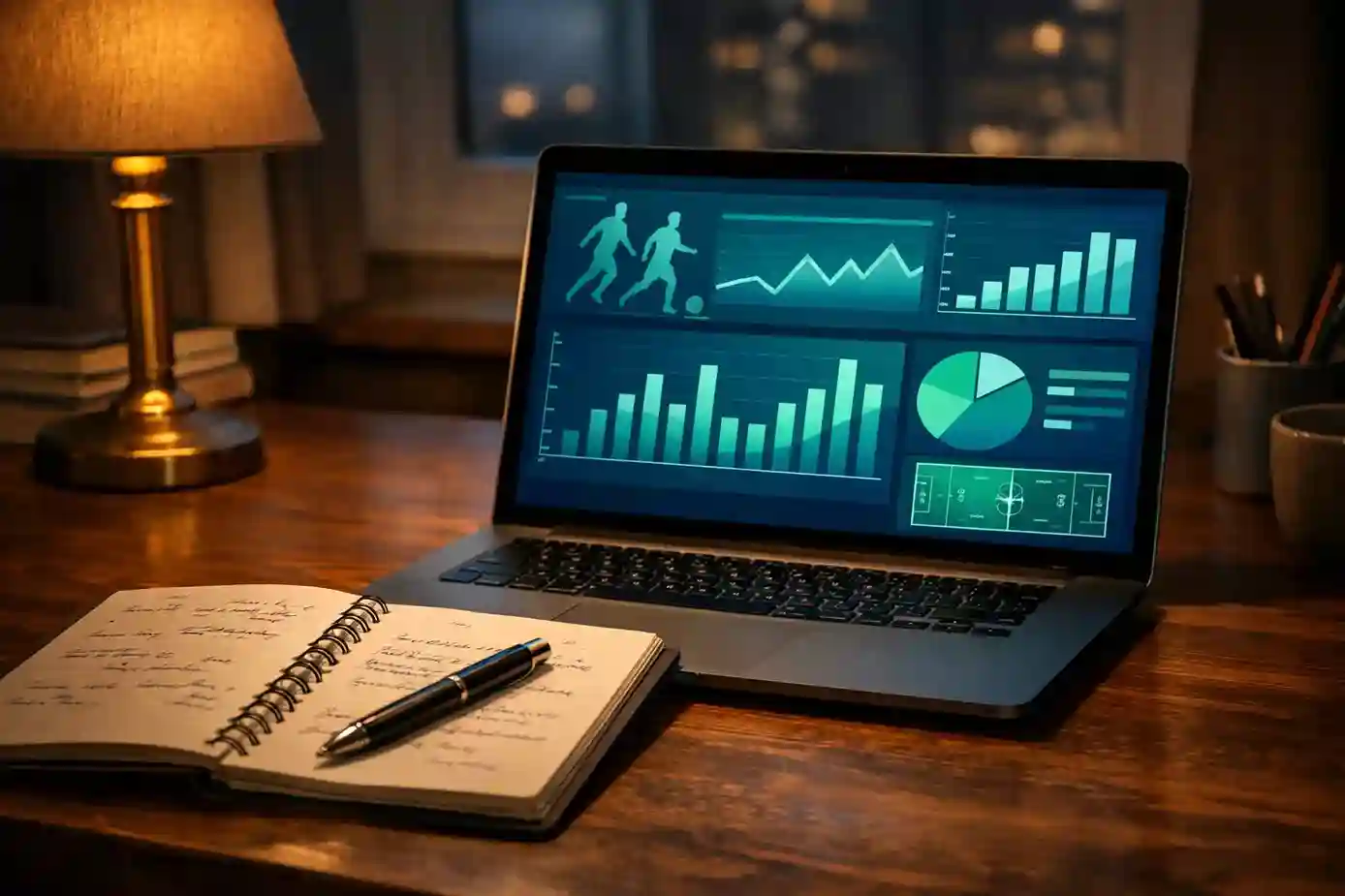 Detaillierte Spielstatistiken auf Laptop mit Notizen daneben
