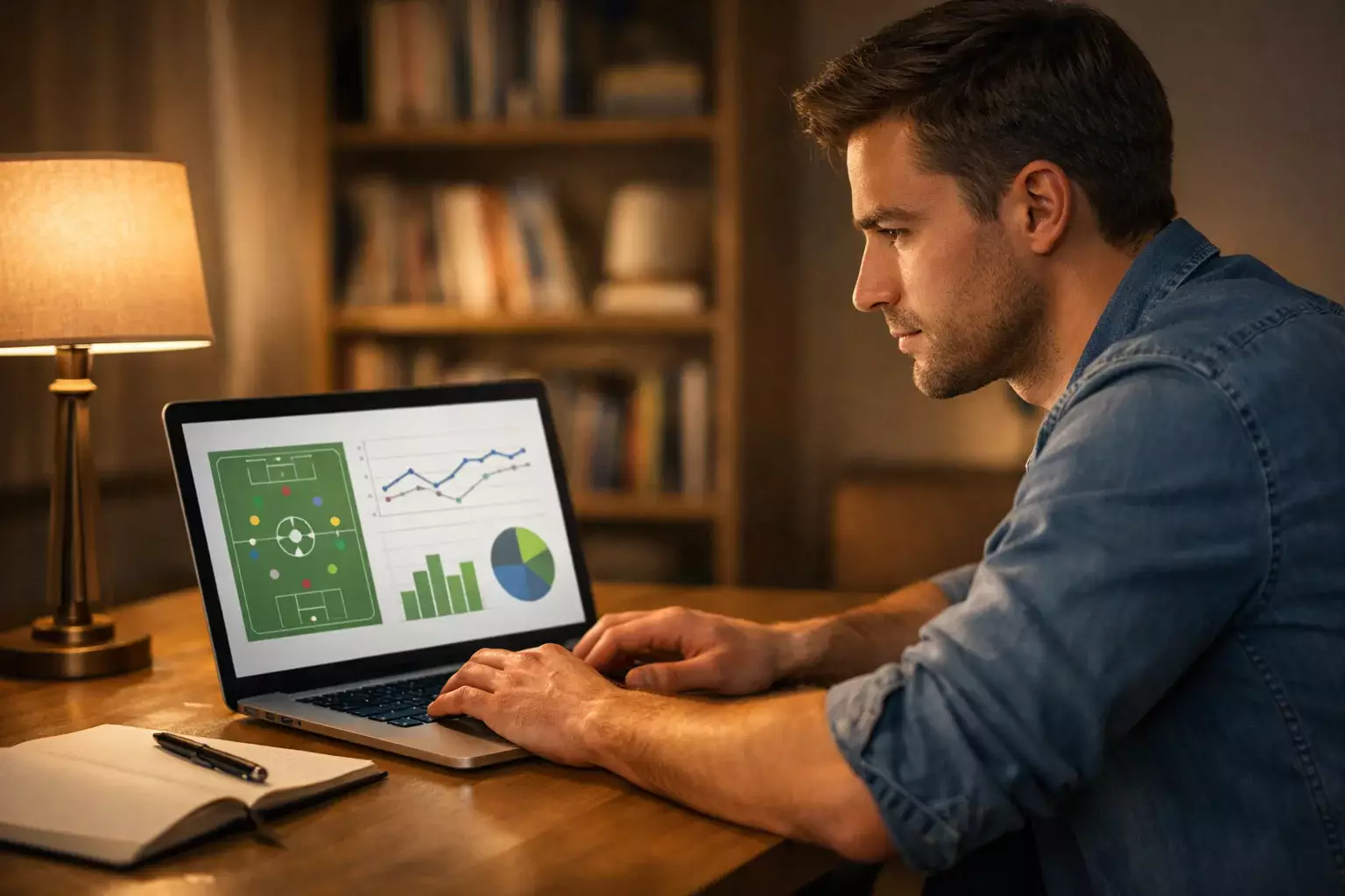 Person studiert Fußballstatistiken am Schreibtisch mit Laptop