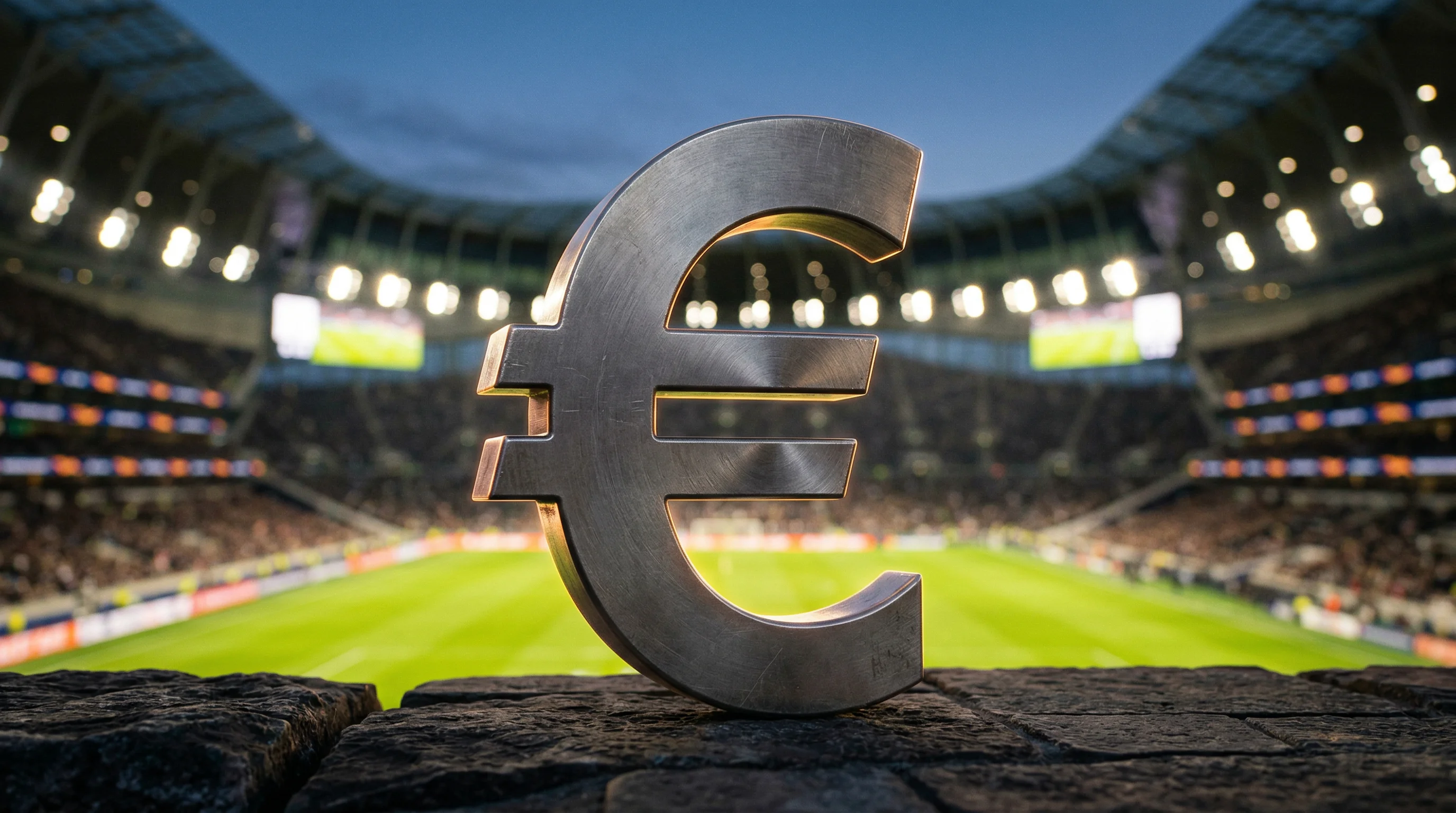 Symbolisches Euro-Zeichen vor einem unscharfen Fußballstadion bei Abendbeleuchtung