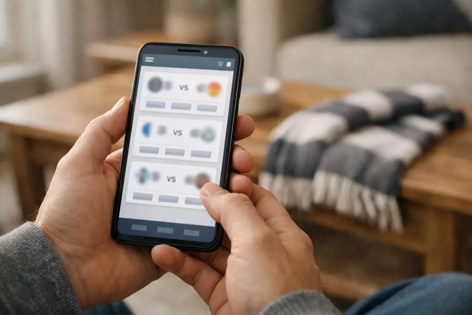 Person analysiert Wettquoten auf dem Smartphone in gemütlicher Atmosphäre
