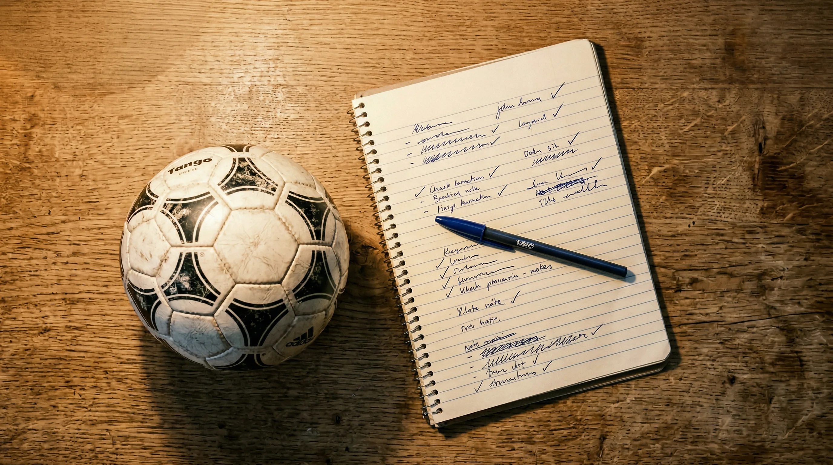 Schreibtisch mit Notizblock und Stift neben einem Fußball unter warmem Lampenlicht