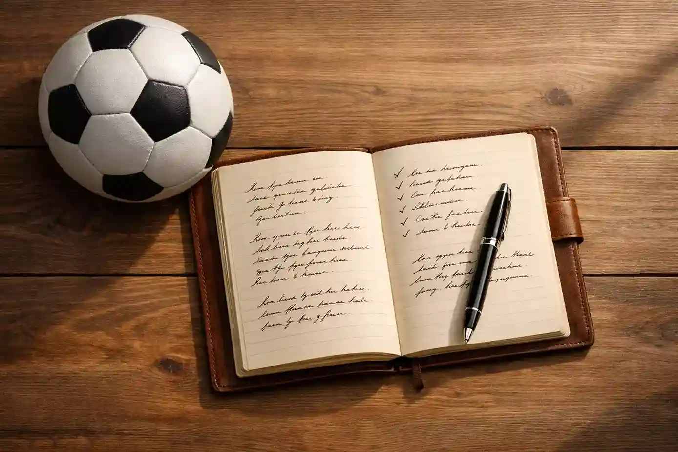 Notizbuch mit Wettanalyse und Fußball auf Holztisch
