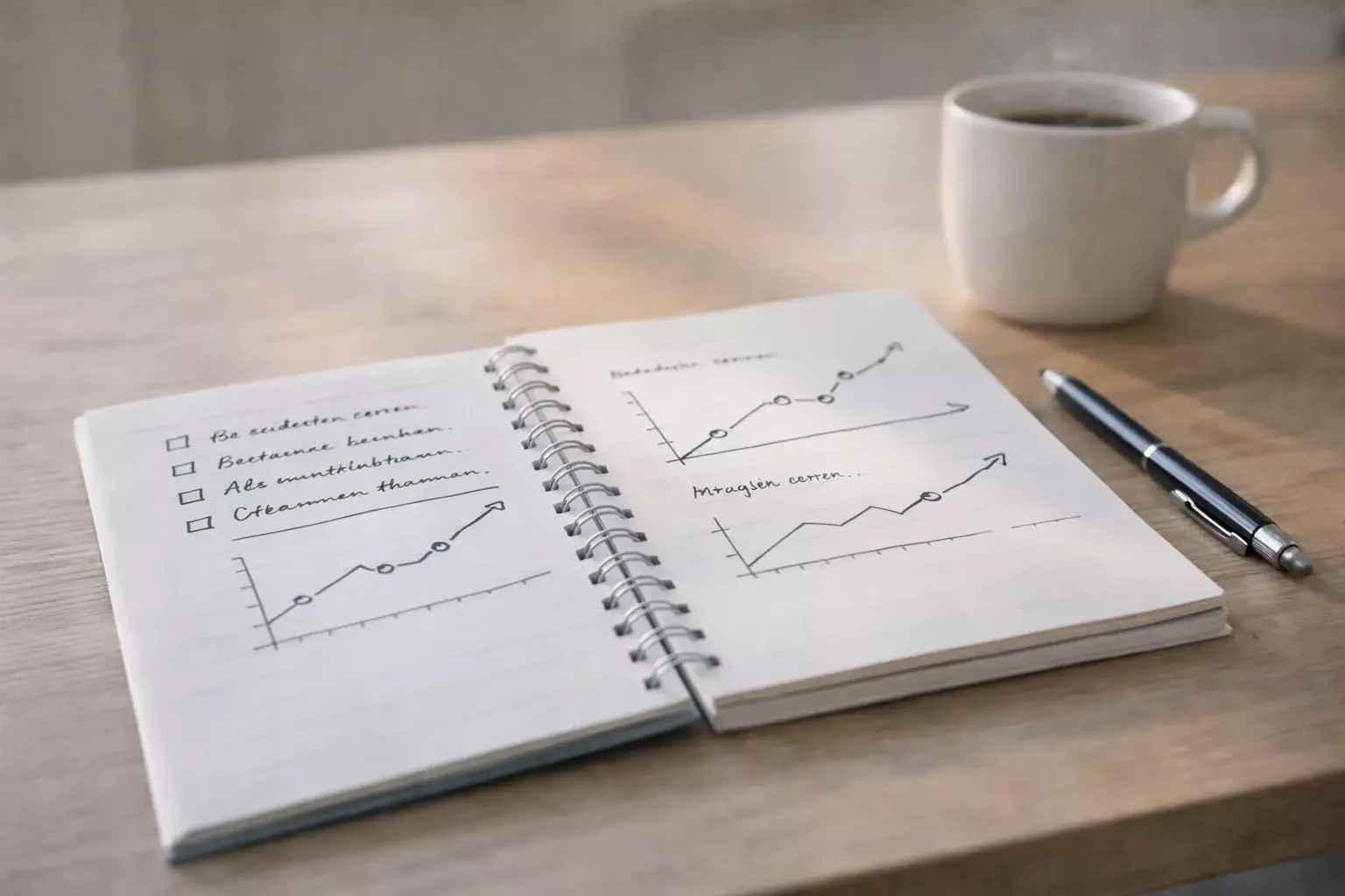 Notizblock mit Statistiken und Stift neben einer Tasse Kaffee