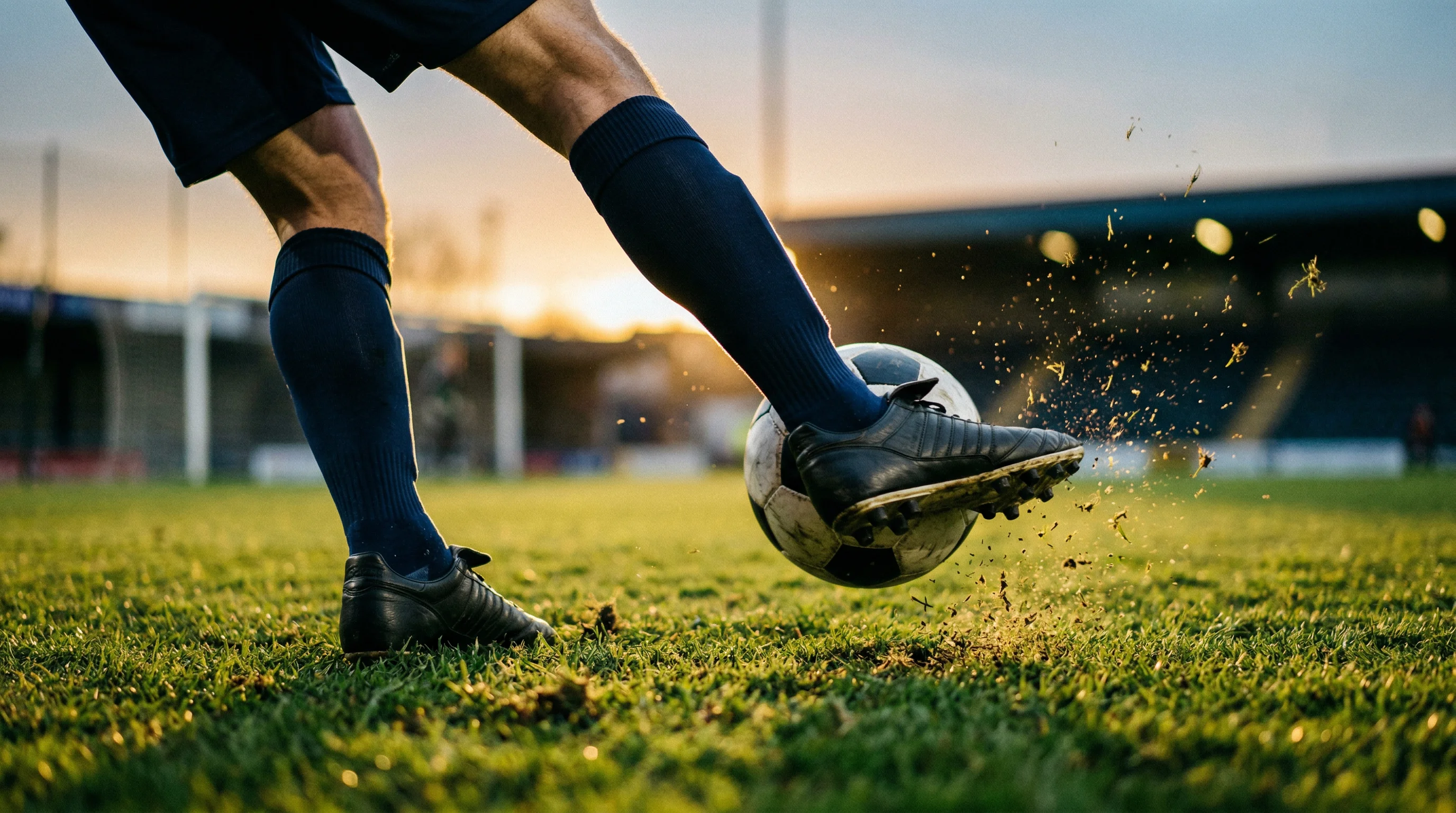 Spieler in Fußballschuhen kickt einen Ball auf einem Rasenplatz im warmen Abendlicht